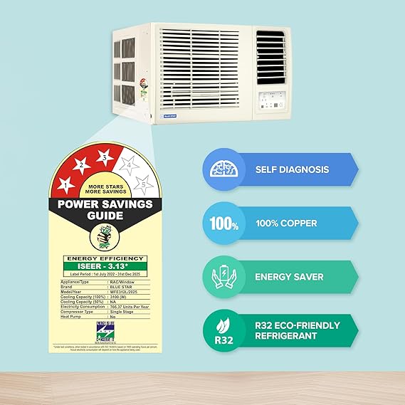 Blue Star 1 Ton 3 Star Fixed Speed Window AC (Copper, Turbo Cool, Fan Modes-Auto/High/Medium/Low, Hydrophilic Blue Fins, Dust Filters, Self-Diagnosis, WFE312L, White) - Image 4