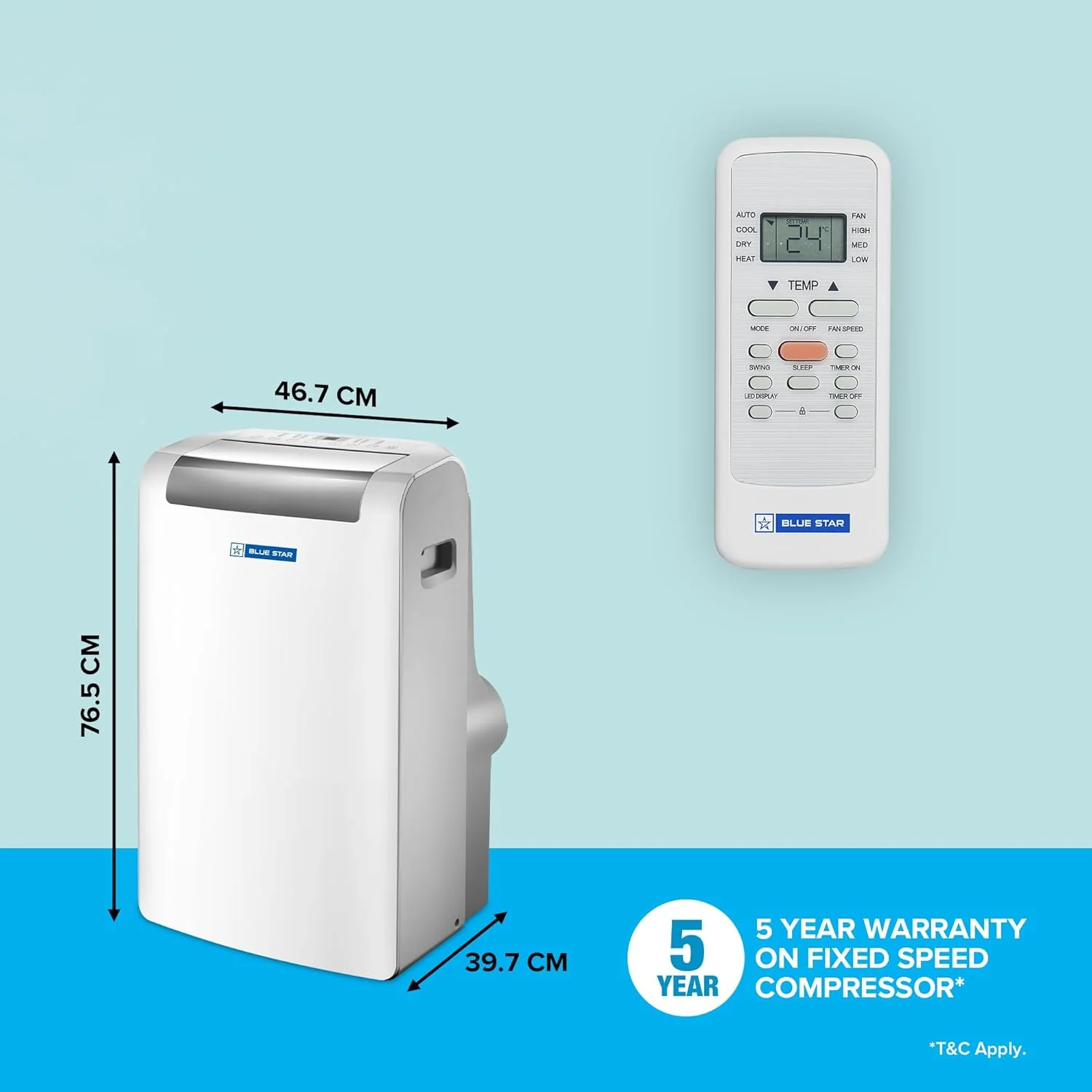 Blue Star 1 Ton Fixed Speed Portable AC (Copper, Anti Bacterial Silver Coating, Self Diagnosis, Comfort Sleep, Auto Mode, Remote Control Operations, Gold Fins, PC12DB, White) - Image 5