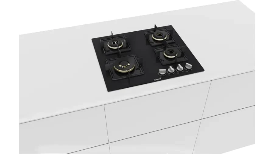 Bosch Built in Gas Hob Black Tempered glass Glass 4 Burner Auto Ignition 60 cm True Brass 2D Ring Burners with Glossy Black Heat Shields & Enameld pan supports (PNH6B6F10I) - Image 7