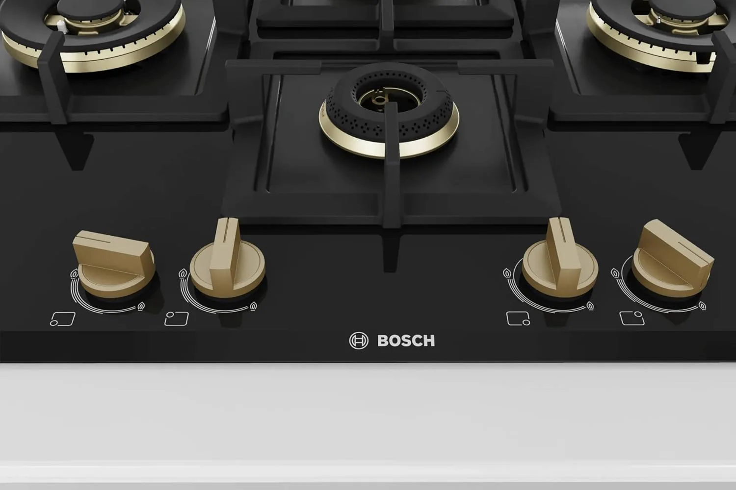 Bosch Built in Gas Hob Black Tempered glass Glass 4 Burner Auto Ignition 75 cm True Brass 2D Ring Burners with Matt Black Heat Shields & Cast Iron pan supports (PNI7B6F20I) - Image 3