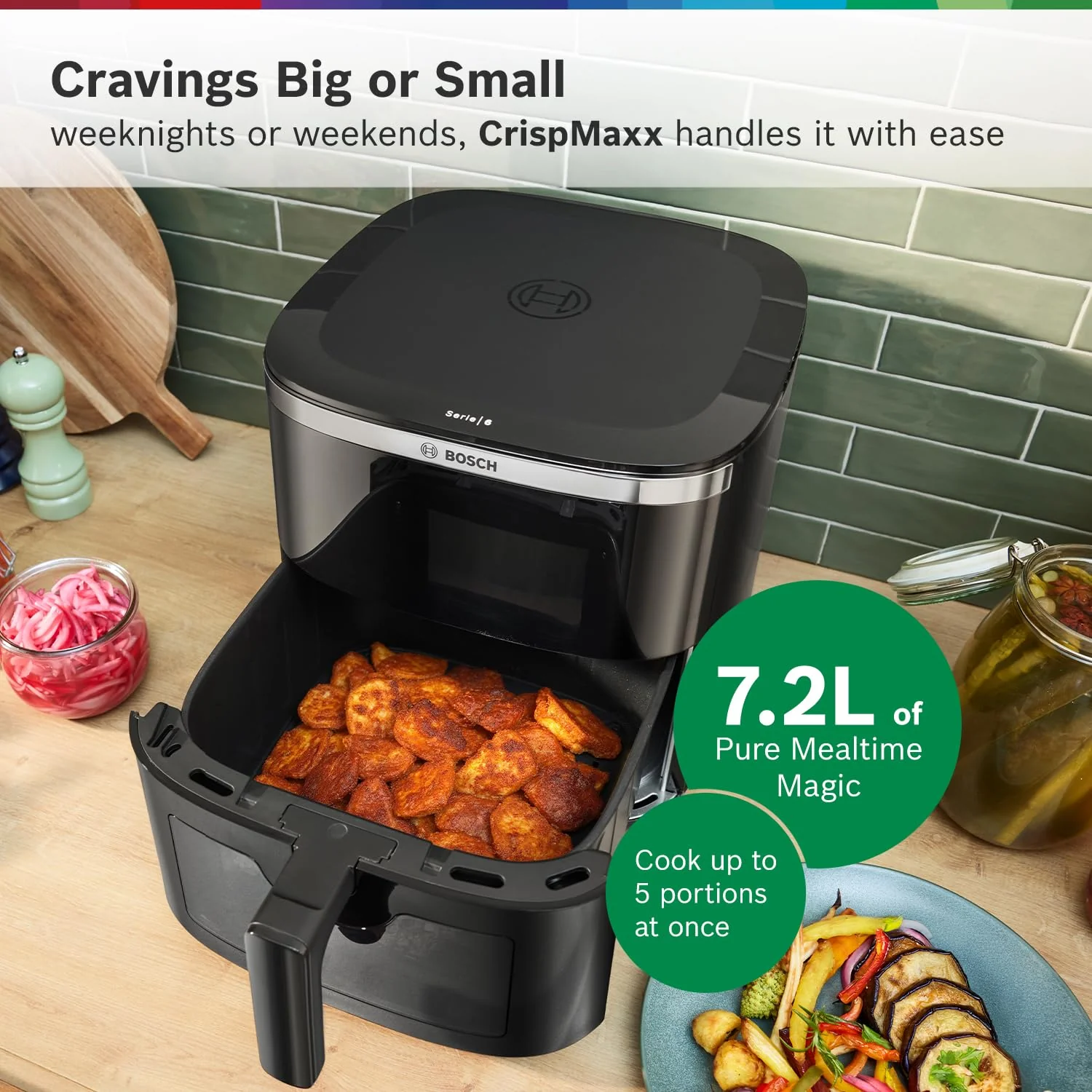 Bosch Crispmaxx Air Fryer 7.2L with baking tray, With Touch Panel,7 Presets menus,Illuminated Viewing Window, Shake Alarm,MAF671B5IN,Black - Image 6