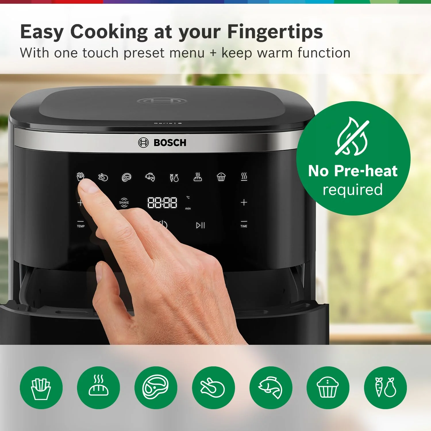 Bosch Crispmaxx Air Fryer 7.2L with baking tray, With Touch Panel,7 Presets menus,Illuminated Viewing Window, Shake Alarm,MAF671B5IN,Black - Image 7