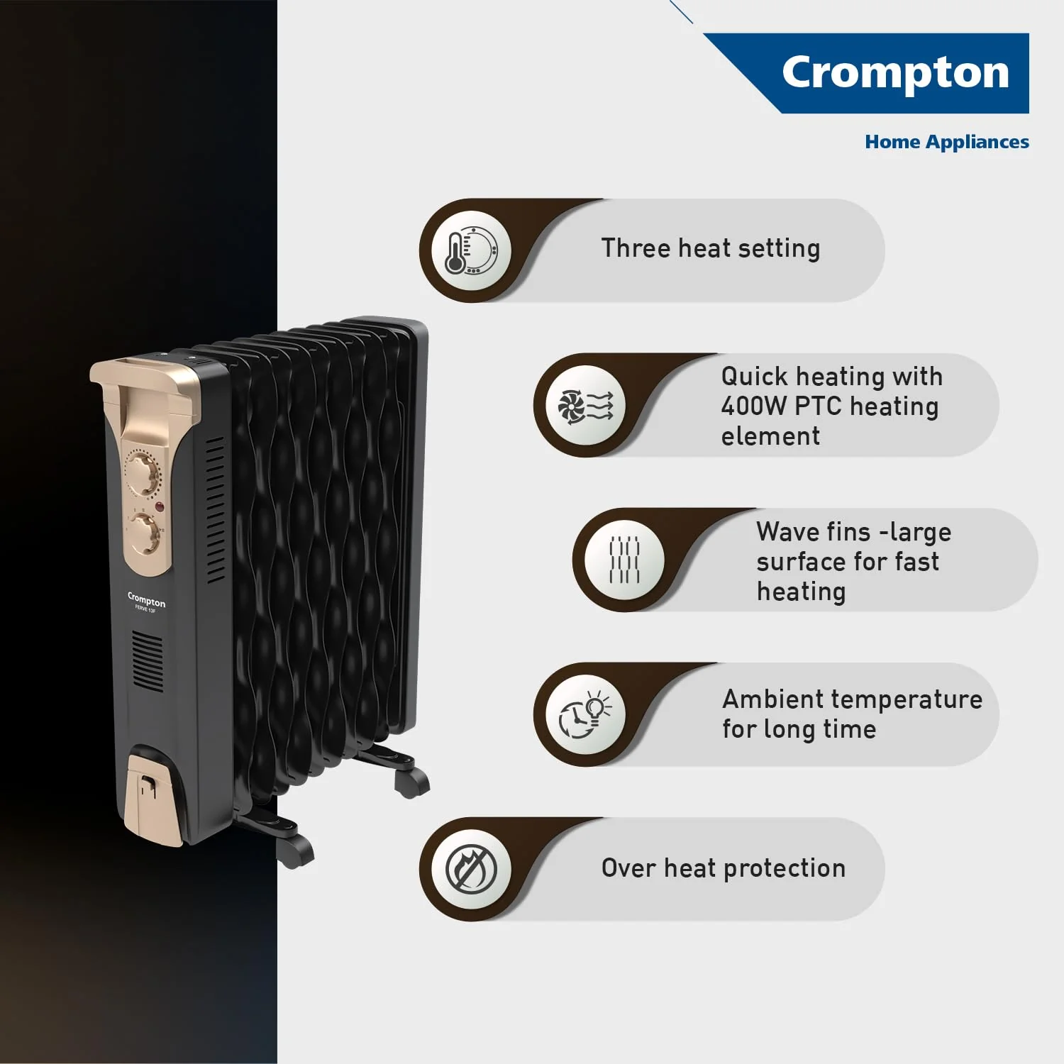 Crompton 11 Fin Insta Ferver wave Fin OFR (Oil Filled Radiator)|Room Heater|2900 W|3 Heat Settings &amp; PTC Fan Heater| Comfortable Breathing|360° Heating (Black)|2yrs warranty|Black &amp; Copper - Image 2