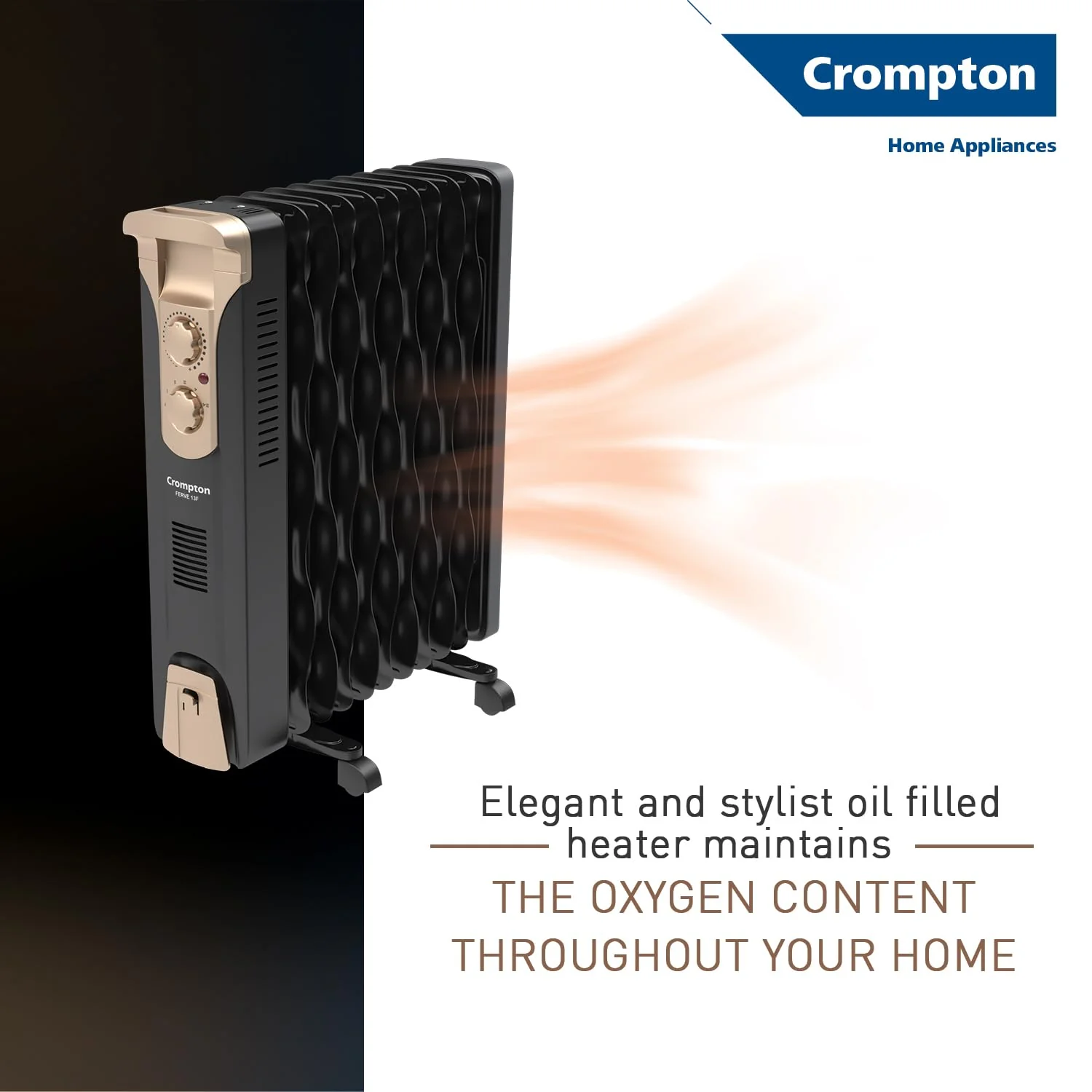 Crompton 11 Fin Insta Ferver wave Fin OFR (Oil Filled Radiator)|Room Heater|2900 W|3 Heat Settings &amp; PTC Fan Heater| Comfortable Breathing|360° Heating (Black)|2yrs warranty|Black &amp; Copper - Image 6
