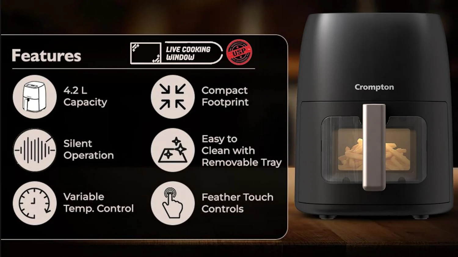 Crompton Ameo DLX 4.2L Digital Air Fryer with Live Cooking Window | 1450W Super Helix Heating | 7-in-1 Functions | Quick Fry Technology | Low Noise | Oil-Free Healthy Cooking | 2 Year Warranty - Image 6