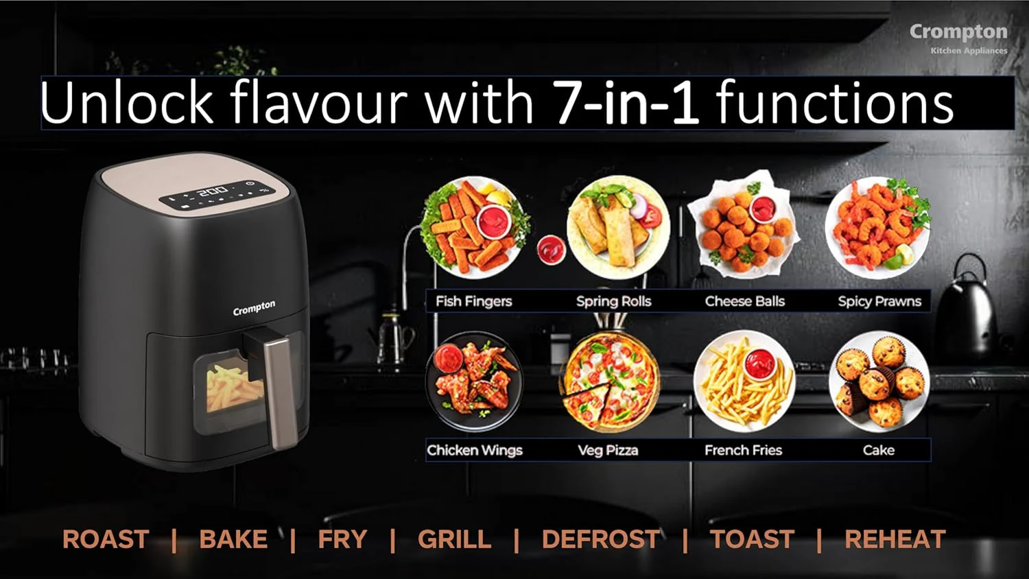 Crompton Ameo DLX 4.2L Digital Air Fryer with Live Cooking Window | 1450W Super Helix Heating | 7-in-1 Functions | Quick Fry Technology | Low Noise | Oil-Free Healthy Cooking | 2 Year Warranty - Image 7