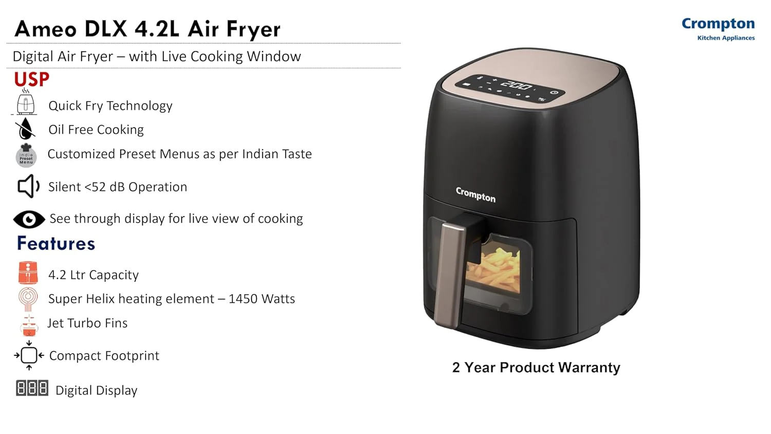 Crompton Ameo DLX 4.2L Digital Air Fryer with Live Cooking Window | 1450W Super Helix Heating | 7-in-1 Functions | Quick Fry Technology | Low Noise | Oil-Free Healthy Cooking | 2 Year Warranty - Image 8