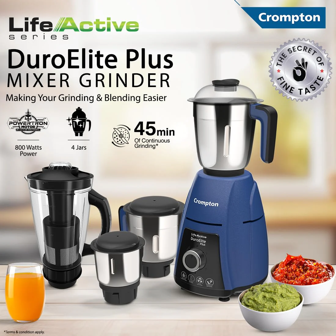 Crompton DuroElite Plus 800 W Mixer grinder with 4 Jars (3 stainless steel Jars+ 1.5L Juicer Jar with Fruit Filter)| Heavy Duty Powertron Motor & Motor Vent-X Technology |Blue - Image 3