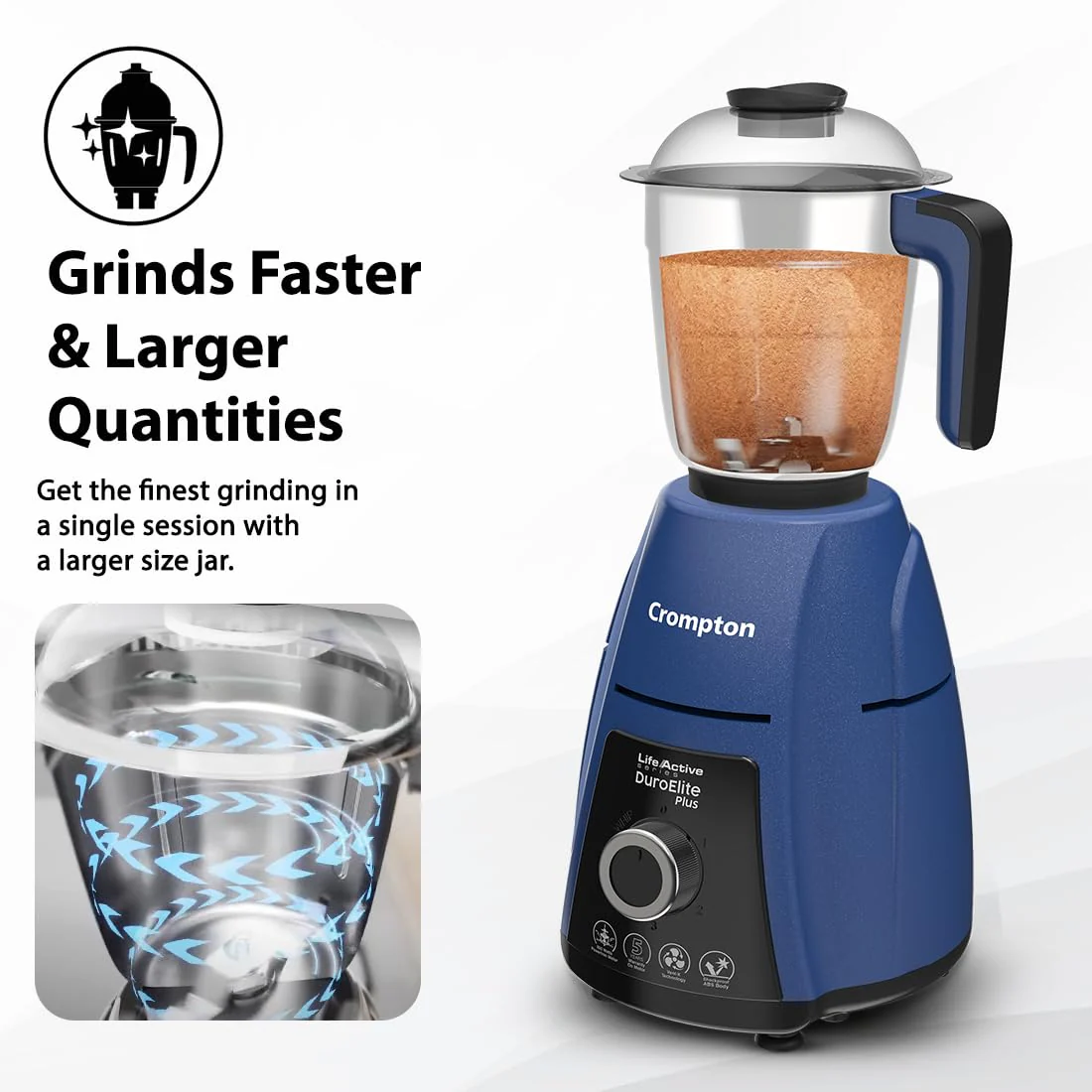 Crompton DuroElite Plus 800 W Mixer grinder with 4 Jars (3 stainless steel Jars+ 1.5L Juicer Jar with Fruit Filter)| Heavy Duty Powertron Motor & Motor Vent-X Technology |Blue - Image 4
