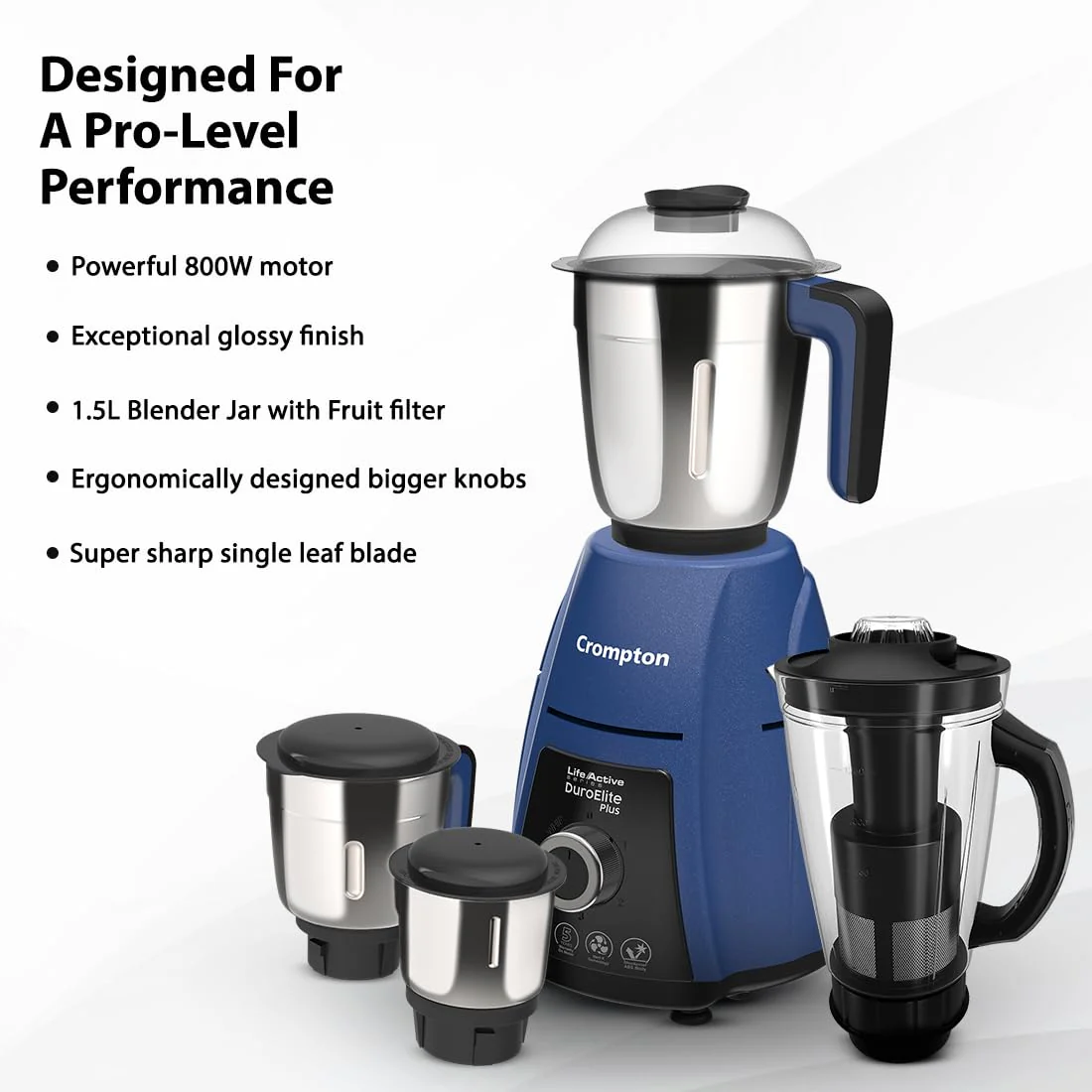 Crompton DuroElite Plus 800 W Mixer grinder with 4 Jars (3 stainless steel Jars+ 1.5L Juicer Jar with Fruit Filter)| Heavy Duty Powertron Motor & Motor Vent-X Technology |Blue - Image 6