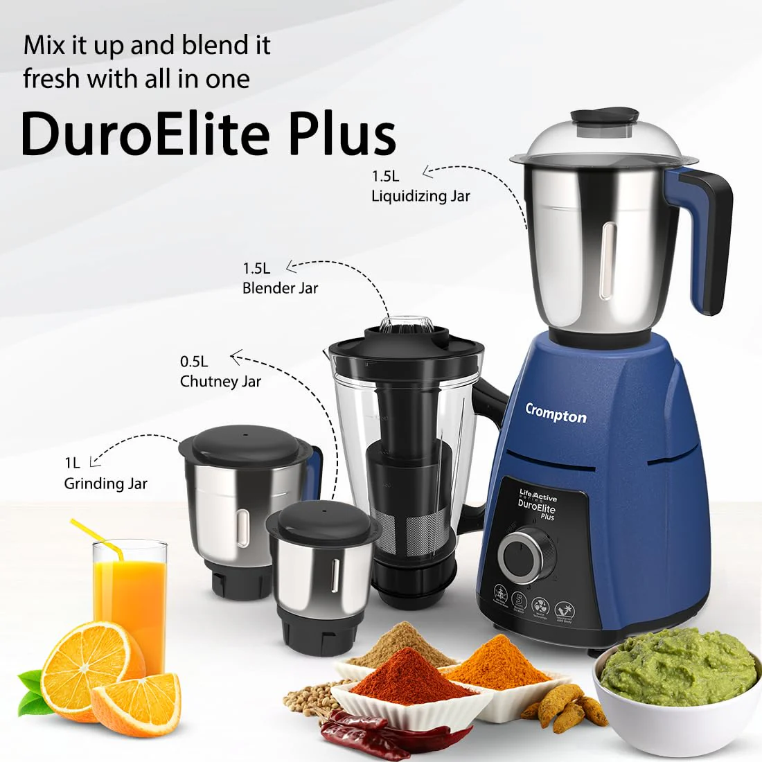 Crompton DuroElite Plus 800 W Mixer grinder with 4 Jars (3 stainless steel Jars+ 1.5L Juicer Jar with Fruit Filter)| Heavy Duty Powertron Motor & Motor Vent-X Technology |Blue - Image 7
