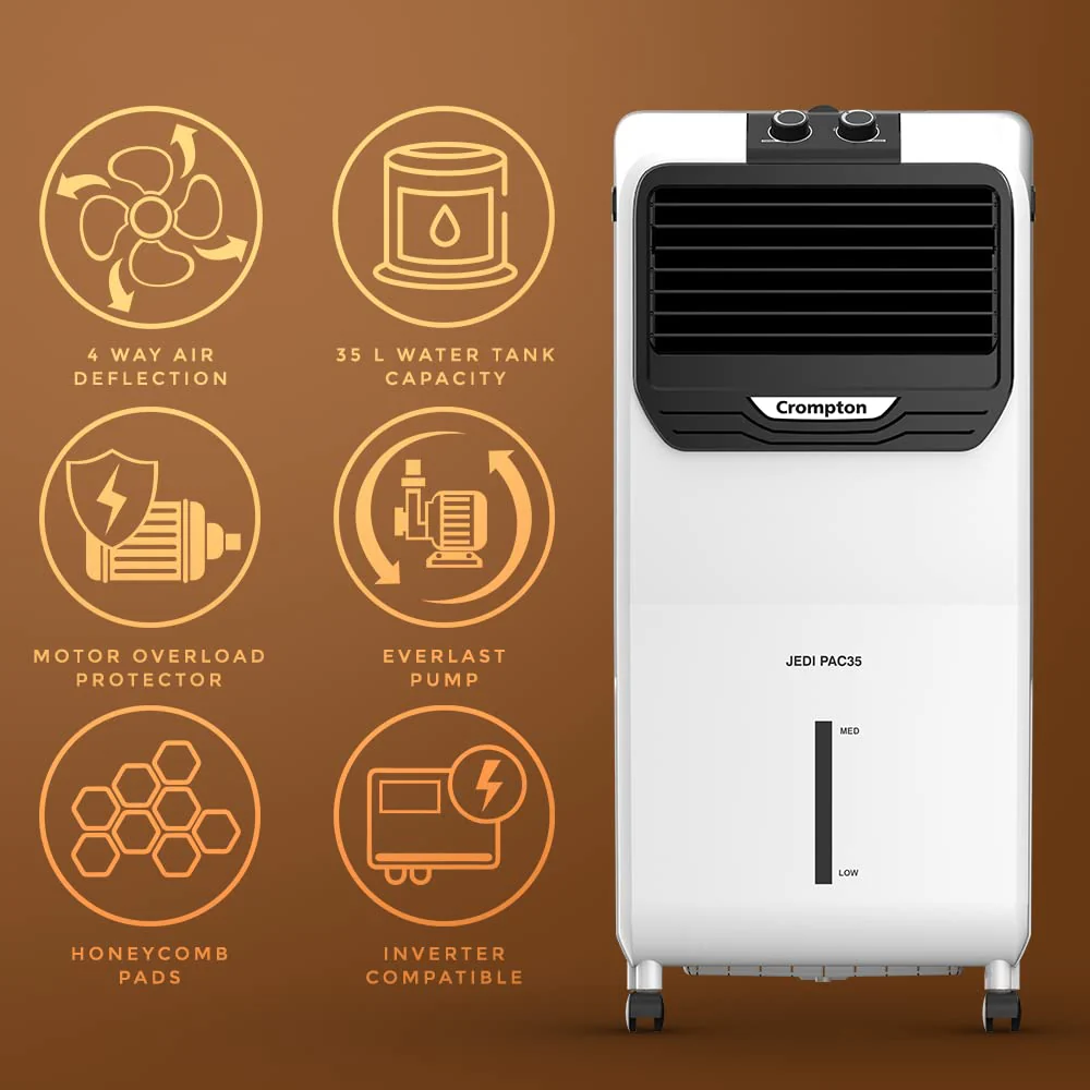 Crompton Jedi PAC 35L Personal Air Cooler with Honeycomb Pads & 4-Way Air Deflection - Image 4