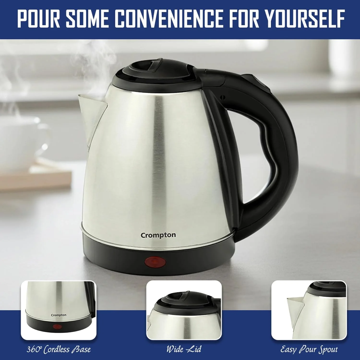 Crompton Nigella 1.5L 1350W Electric Kettle with Stainless Steel Body, Auto Shut-Off & Dry Boil Protection - Image 5