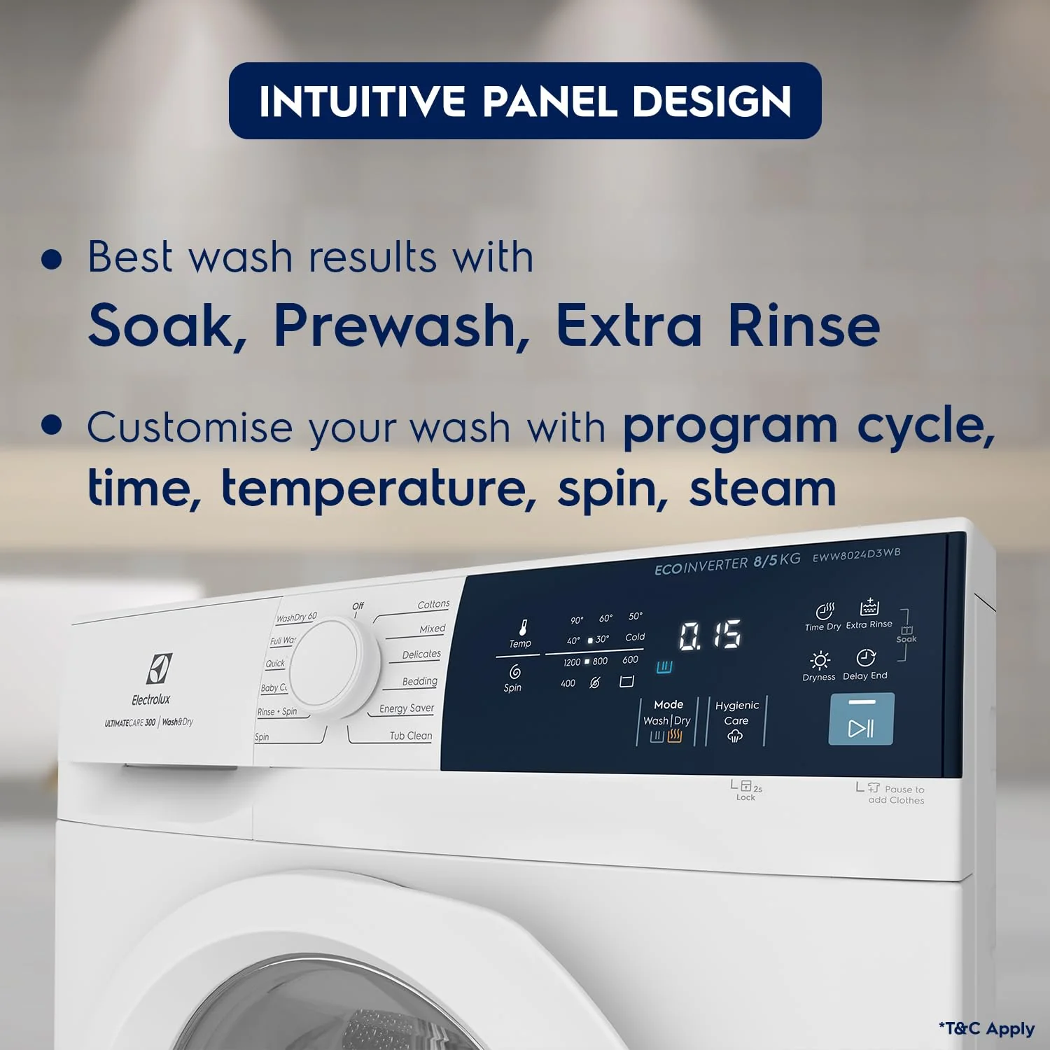 Electrolux 8kg/5kg 5 Star EcoInverter Fully Automatic Front Load Washer Dryer, Scandinavian Design with 40°C Vapour Wash for Sustainable Clothing, Wash To Dry, White, UltimateCare 300, EWW8024D3WB - Image 3
