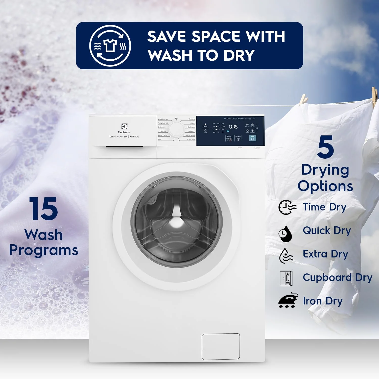 Electrolux 8kg/5kg 5 Star EcoInverter Fully Automatic Front Load Washer Dryer, Scandinavian Design with 40°C Vapour Wash for Sustainable Clothing, Wash To Dry, White, UltimateCare 300, EWW8024D3WB - Image 5