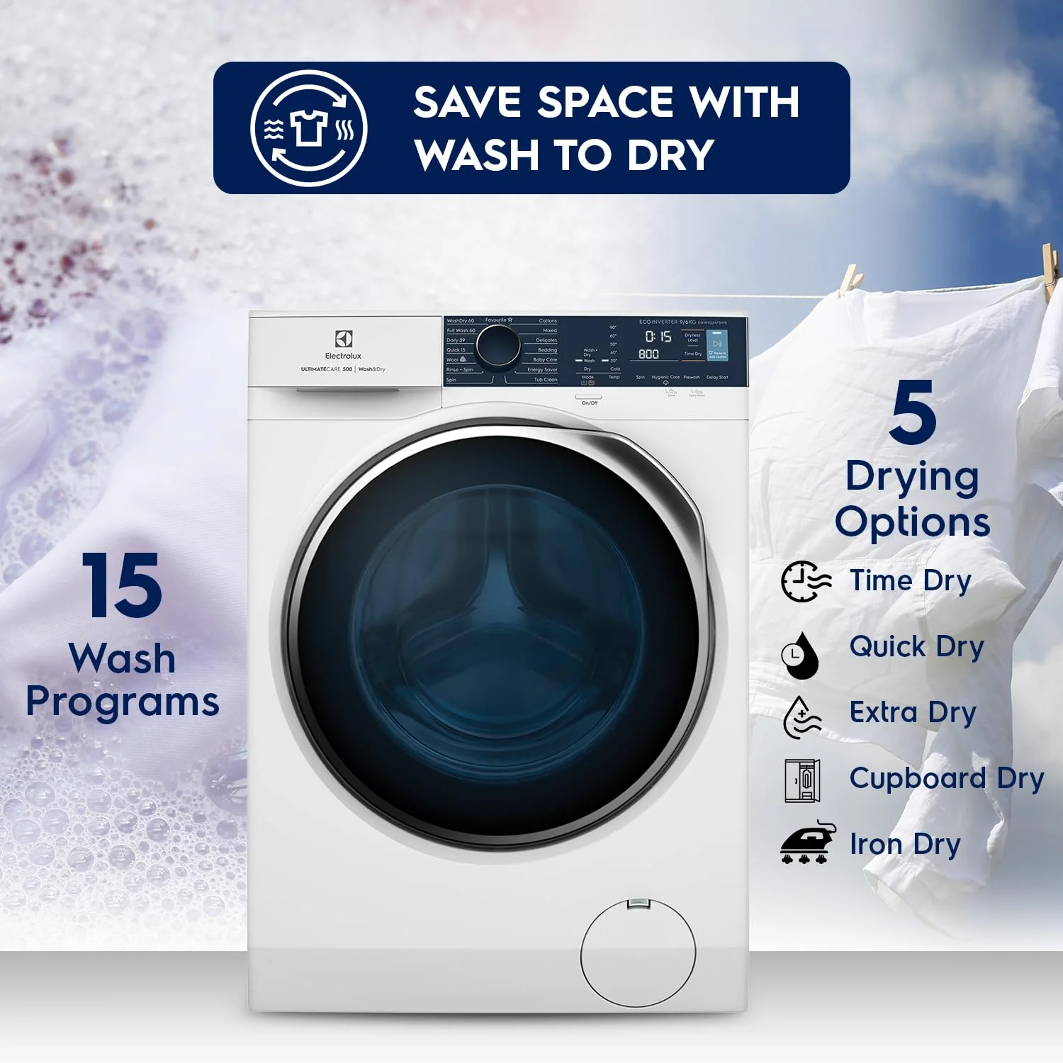 Electrolux 9kg / 6kg 5 Star Fully Automatic Front Load Washer Dryer with UltraMix, Full Load Vapour Wash for Sustainable Clothing, Hygienic Care, EcoInverter, White, UltimateCare 500, EWW9024P5WB - Image 7