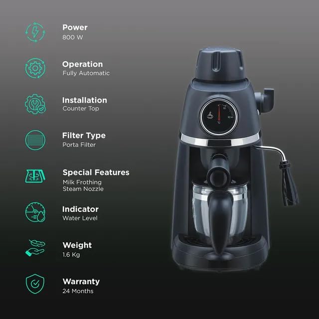 Europa 4 Cups Fully Automatic Coffee Maker (Makes Espresso, Milk Frothing Steam Nozzle with Thermo Dial, 350014, Black) - Image 5