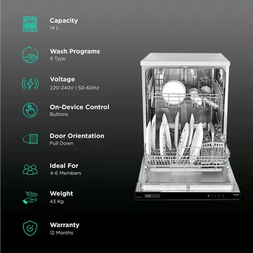FABER 14 Place Settings Built-in Dishwasher with Salt &amp; Rinse Aid Indicators (FBID 8PR 14S,Stainless Steel) - Image 3