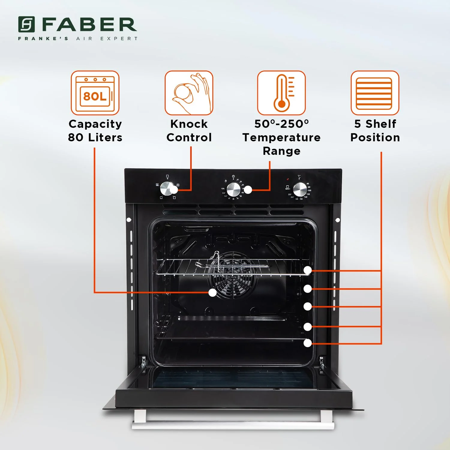 Faber 80L Black Finish Built-In Oven || Push/Pull Knob Control with Digital Display || 4 Cooking Functions with Grill Rack, Universal Pan|| FBIO 80L 4F BK with 1 Yr Comprehensive Warranty - Image 5
