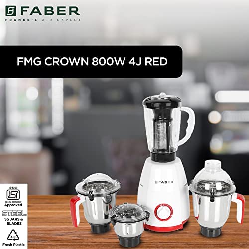 Faber Crown 800W Blender Mixer Grinder, 3 SS clip lock jars + 1 PC jar || low-noise copper motor, up to 20000 rpm speed || 2 yr comprehensive & 5 yr motor warranty (FMG CROWN 800 W 4J Mystic Red) Red - Image 2