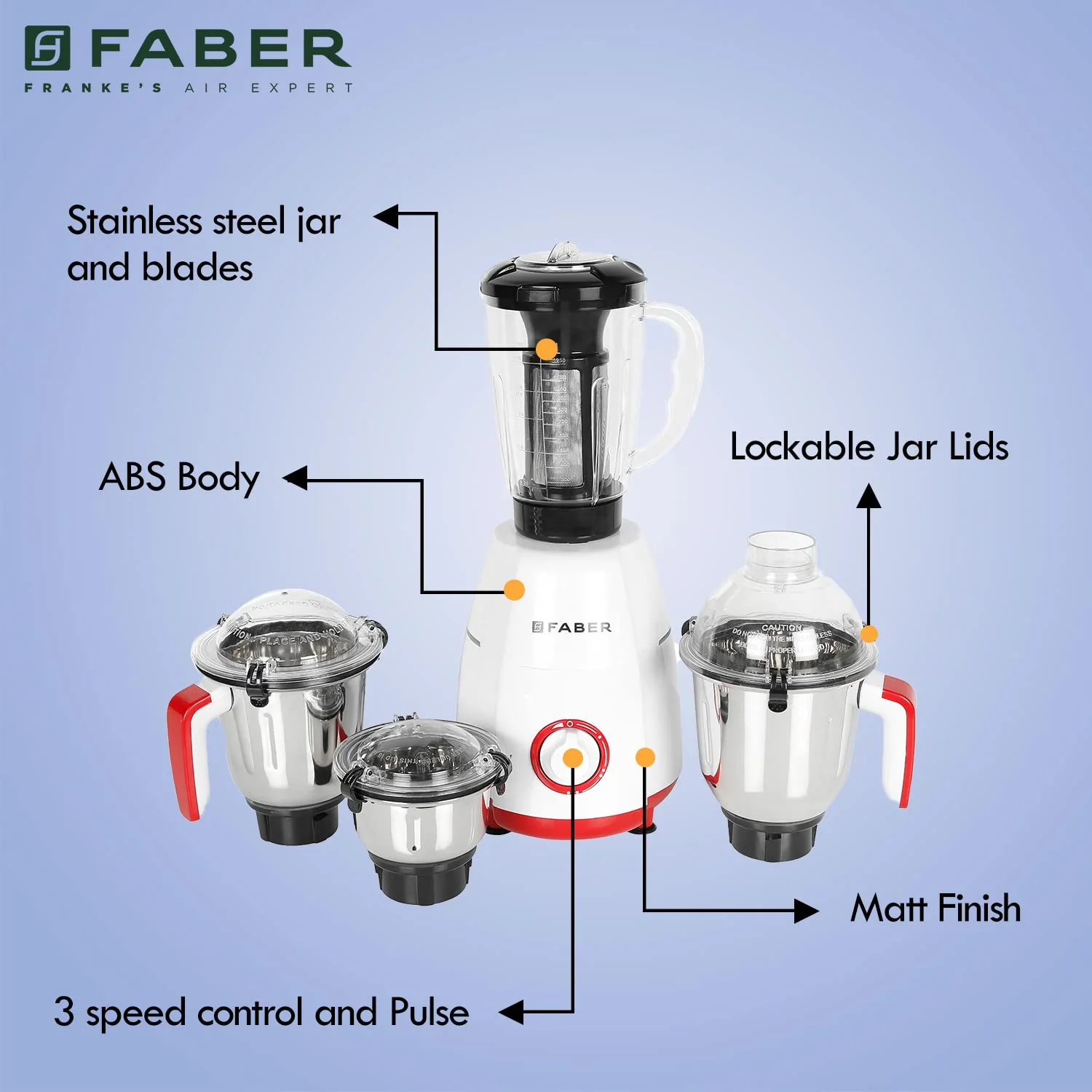 Faber Crown 800W Blender Mixer Grinder, 3 SS clip lock jars + 1 PC jar || low-noise copper motor, up to 20000 rpm speed || 2 yr comprehensive & 5 yr motor warranty (FMG CROWN 800 W 4J Mystic Red) Red - Image 6