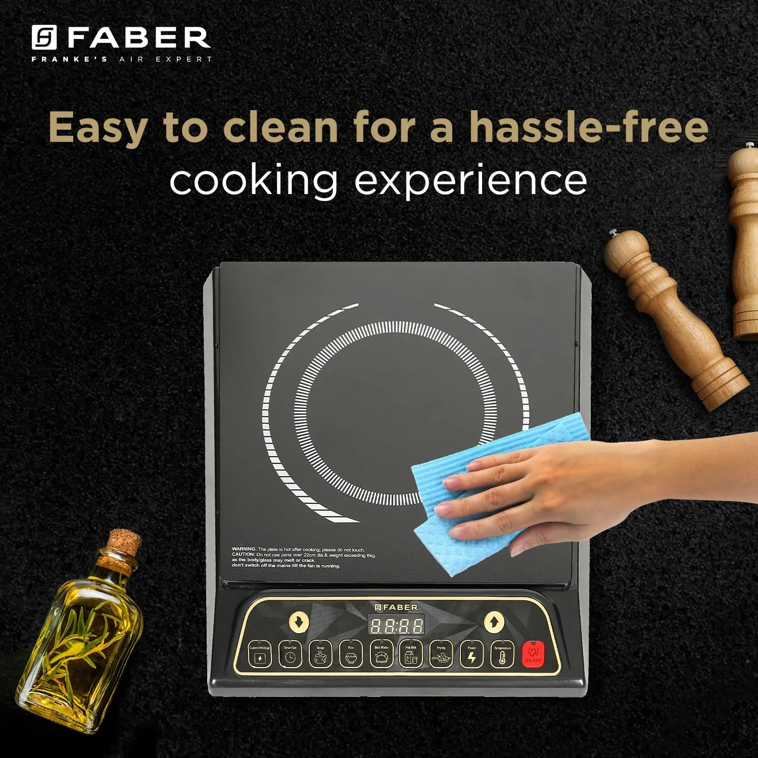 Faber Zion 1600W Induction Stove | 5 Auto-Cook Functions, Auto Pan Detection, Preset Timer, Overheat Protection | Shock-Proof Body, Black Crystal Glass, Soft-Touch Control, LED Display - Image 5