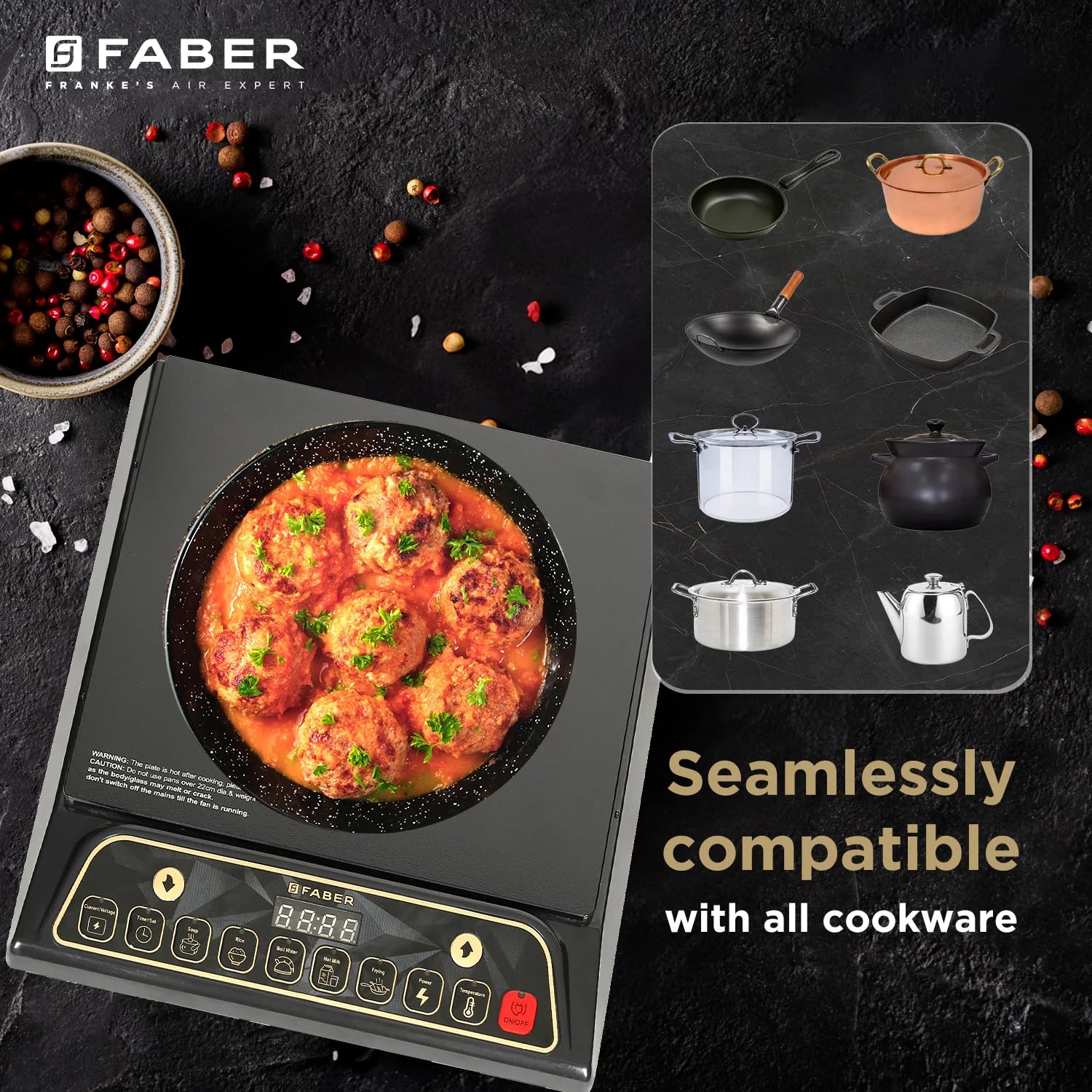 Faber Zion 1600W Induction Stove | 5 Auto-Cook Functions, Auto Pan Detection, Preset Timer, Overheat Protection | Shock-Proof Body, Black Crystal Glass, Soft-Touch Control, LED Display - Image 7
