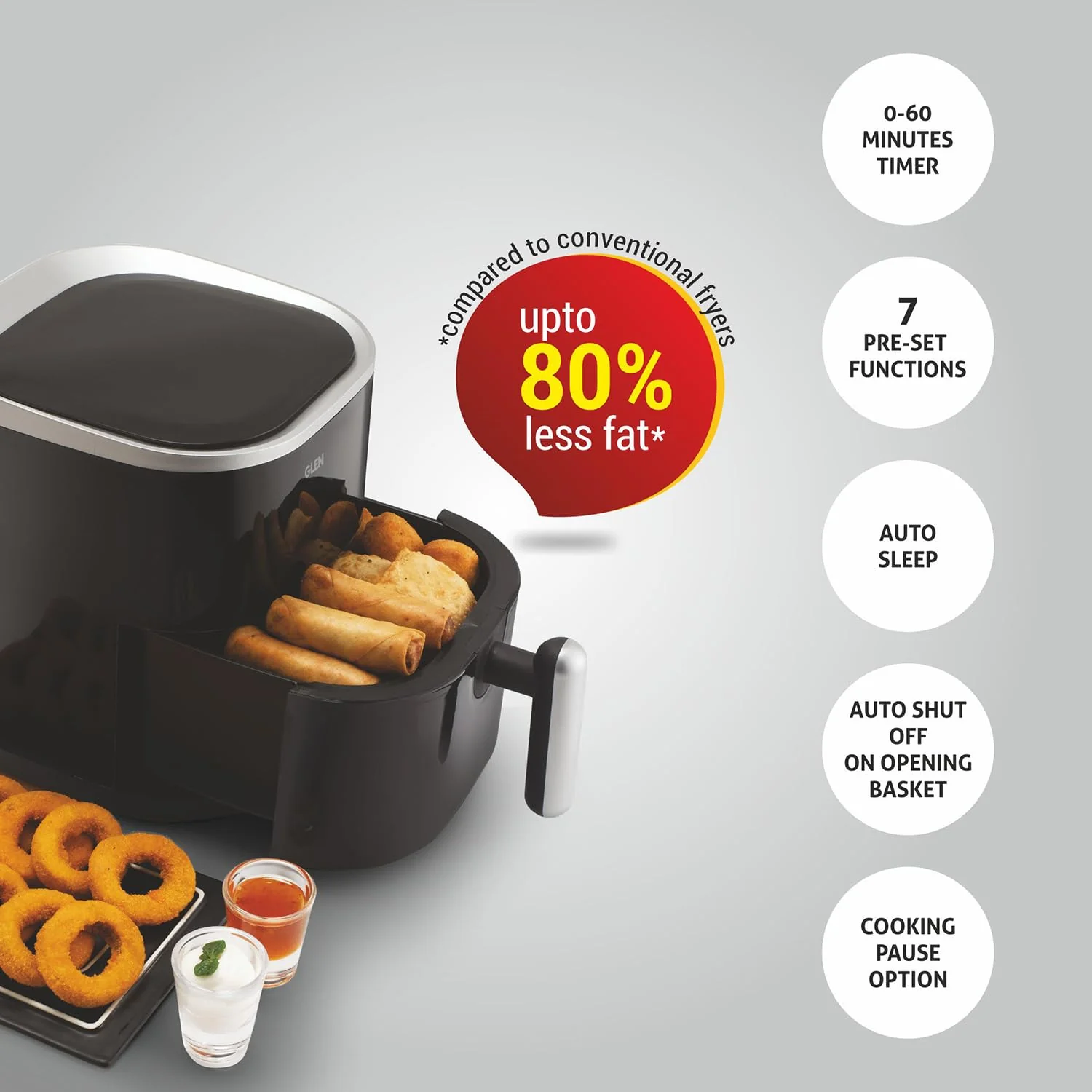 Glen Digital Air Fryer, 3.5 Litre Airfryer 1300W with 7 Pre-Set Functions, Auto Sleep, Digital Controls, Timer &amp; Temperature Control, Bake, Fry, Roast &amp; Grill with Less Oil, Medium - Black SA-3044DBL - Image 3