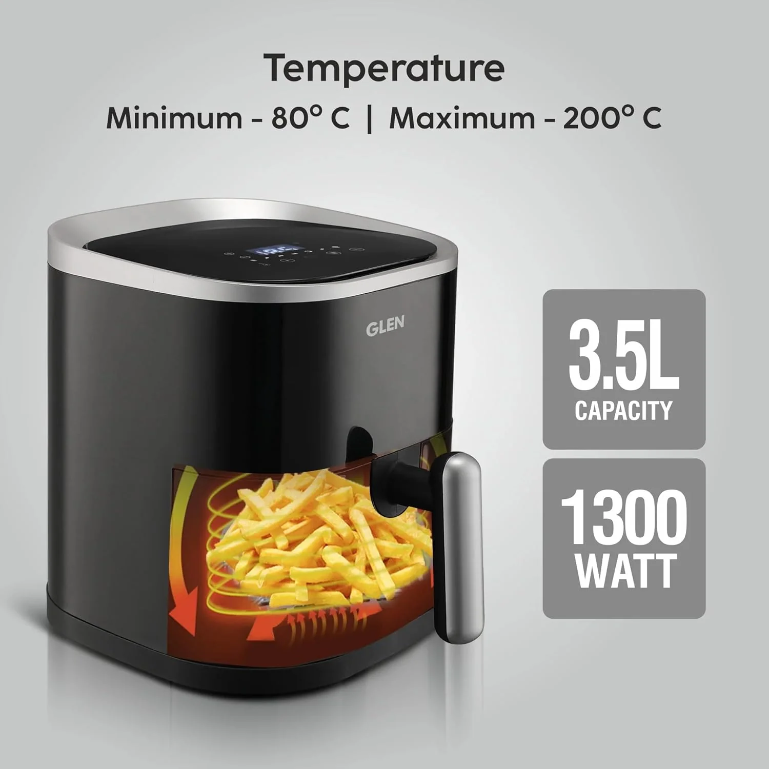 Glen Digital Air Fryer, 3.5 Litre Airfryer 1300W with 7 Pre-Set Functions, Auto Sleep, Digital Controls, Timer &amp; Temperature Control, Bake, Fry, Roast &amp; Grill with Less Oil, Medium - Black SA-3044DBL - Image 4