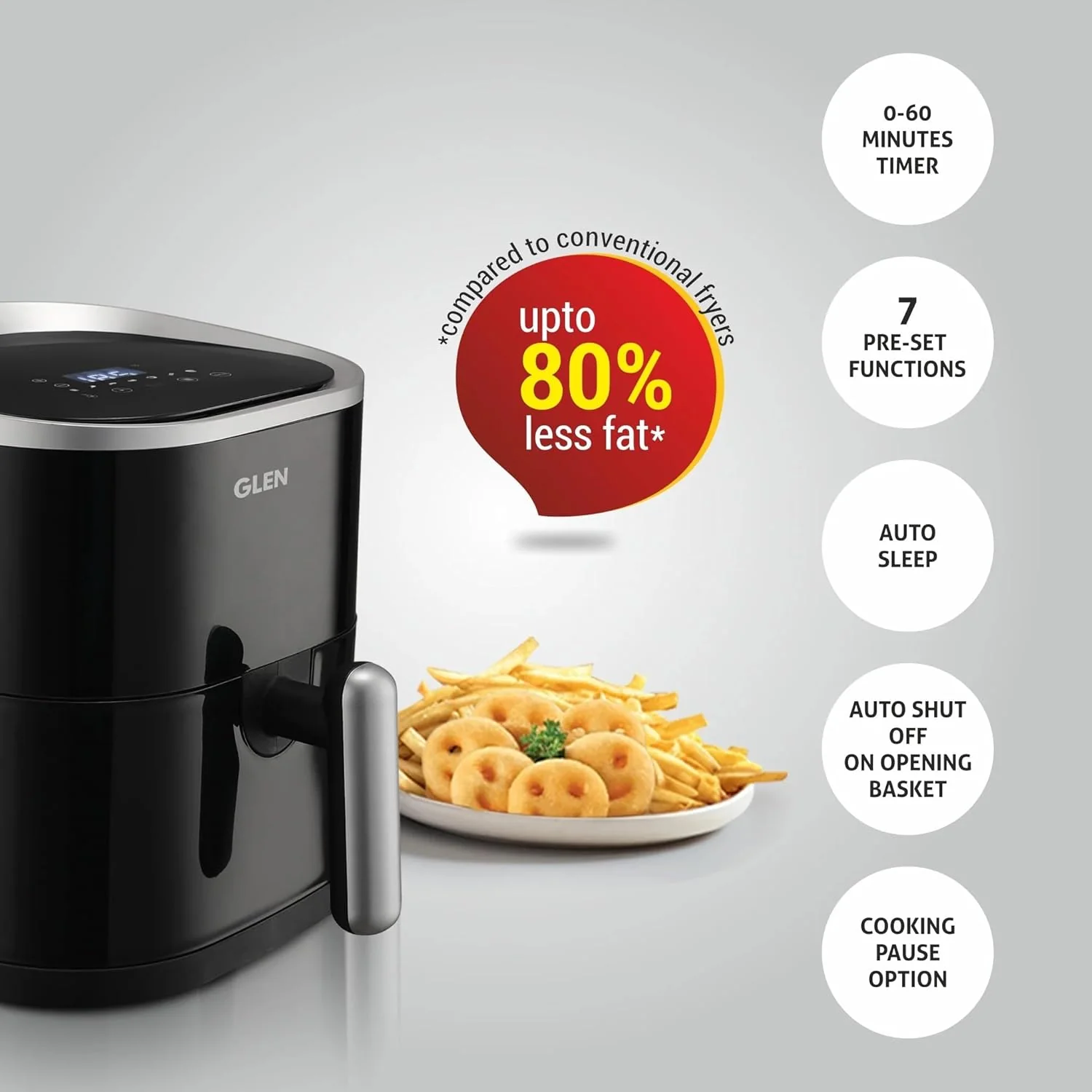 Glen Digital Air Fryer, 3.5 Litre Airfryer 1300W with 7 Pre-Set Functions, Auto Sleep, Digital Controls, Timer &amp; Temperature Control, Bake, Fry, Roast &amp; Grill with Less Oil, Medium - Black SA-3044DBL - Image 6