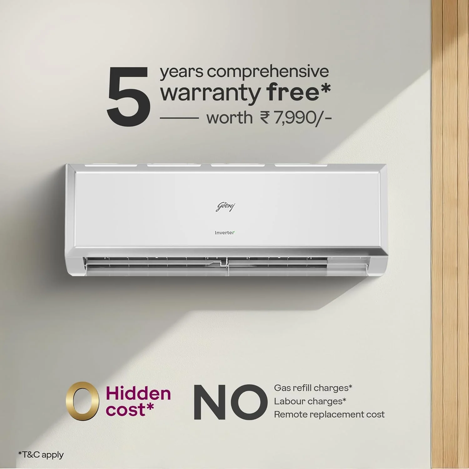 Godrej 1 Ton 3 Star, 5 Years Comprehensive Warranty, AI Powered, 5-In-1 Convertible Cooling, Inverter Split AC (Copper, 2025 Model, Heavy duty cooling at 52 C, AC1T SIC 12PTC3 WYQ, White) - Image 7