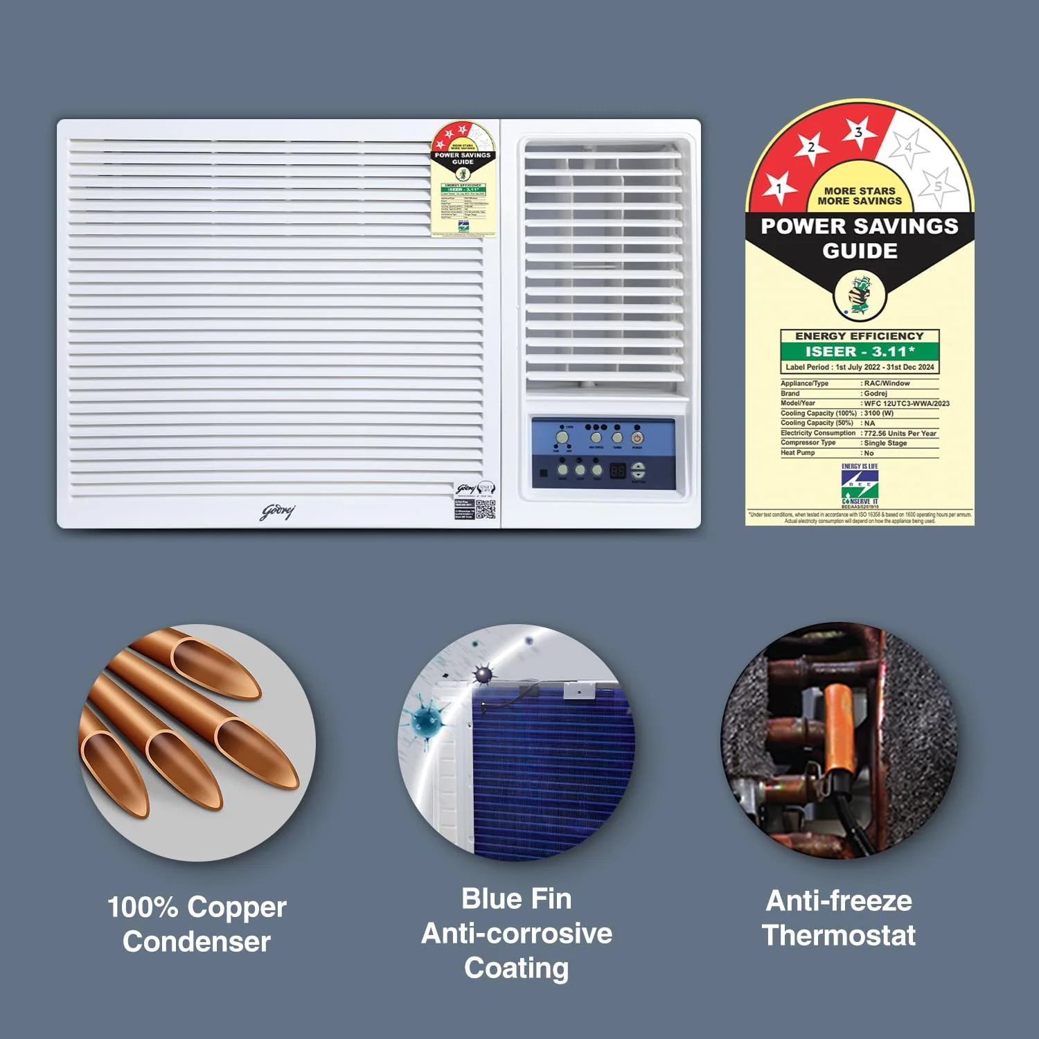 Godrej 1 Ton 3 Star, Turbo Mode Window AC (Copper, Anti-Dust Filter, Anti-Freeze Thermostat, AC 1T WFC 12UTC3 WWA Window 3S, White) - Image 4