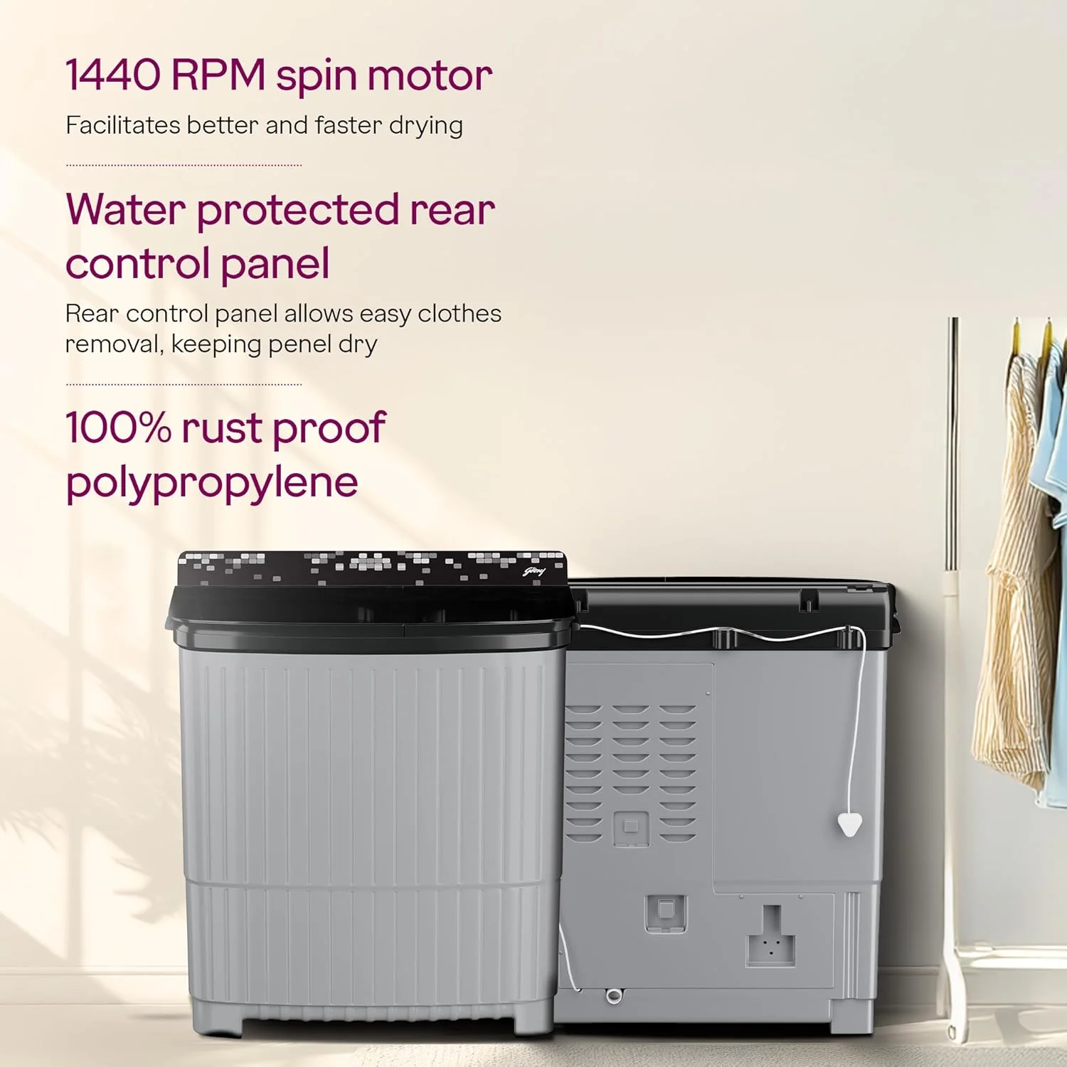 Godrej 12 Kg 5 Star, 1440 RPM Spin Motor, Tri-Roto Pulsator For Powerful Scrub, 370 W PowerMax Wash For Heavy Laundry Semi Automatic Top Load Washing Machine (WS EDGE UNO 120 5.0 PB4 MIGR, Mist grey) - Image 7