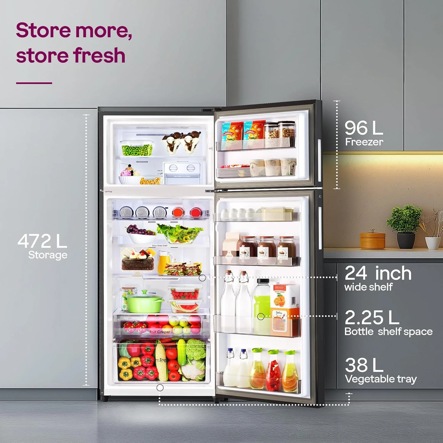 Godrej 472L 2 Star, 1+2 Years Warranty, AI Tech, 6-In-1 Convertible Freezer, 95%+ Food Surface Disinfection, Inverter Frost Free Double Door Refrigerator (RF EON 474B RCI MT BK, Matt Black) - Image 3