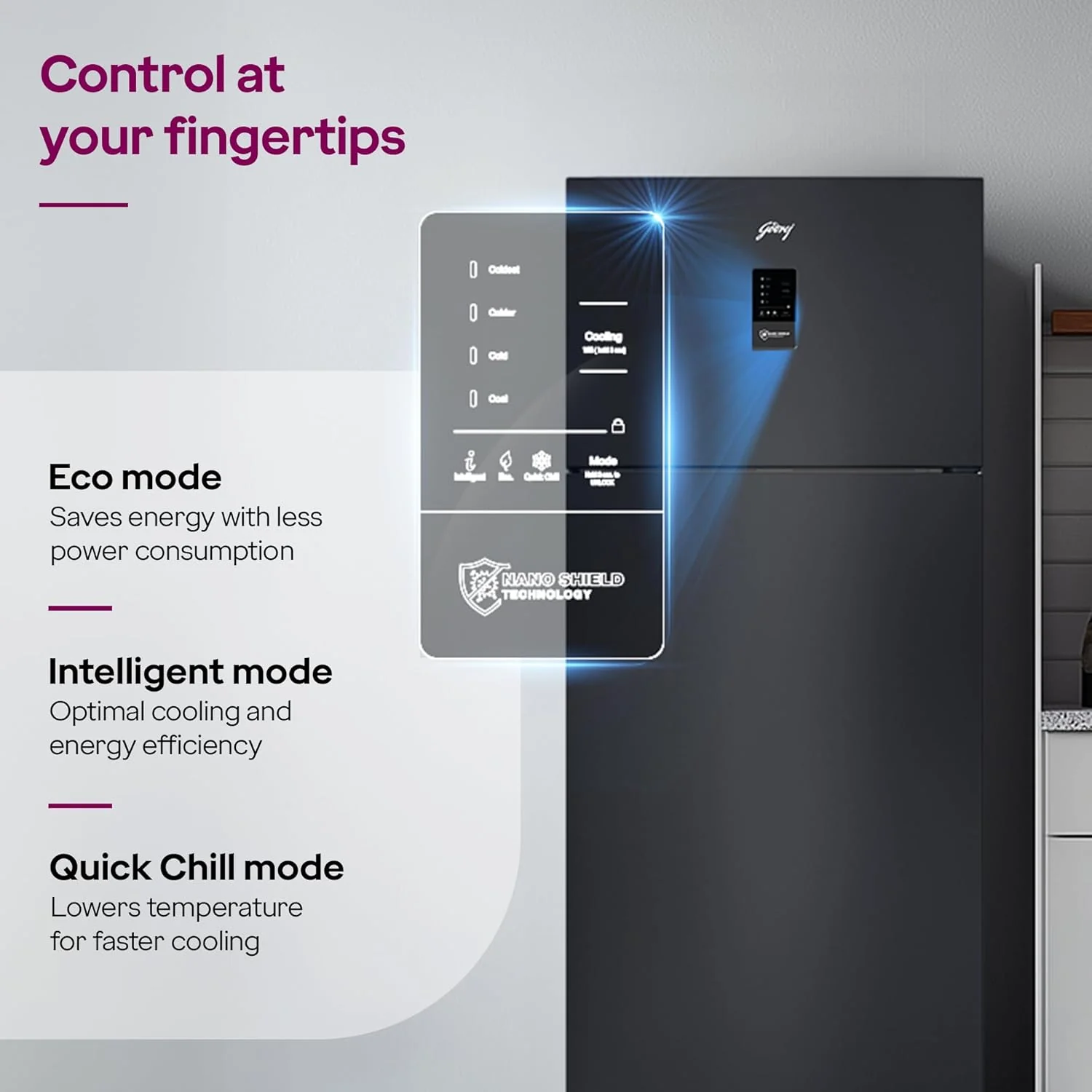 Godrej 472L 2 Star, 1+2 Years Warranty, AI Tech, 6-In-1 Convertible Freezer, 95%+ Food Surface Disinfection, Inverter Frost Free Double Door Refrigerator (RF EON 474B RCI MT BK, Matt Black) - Image 5