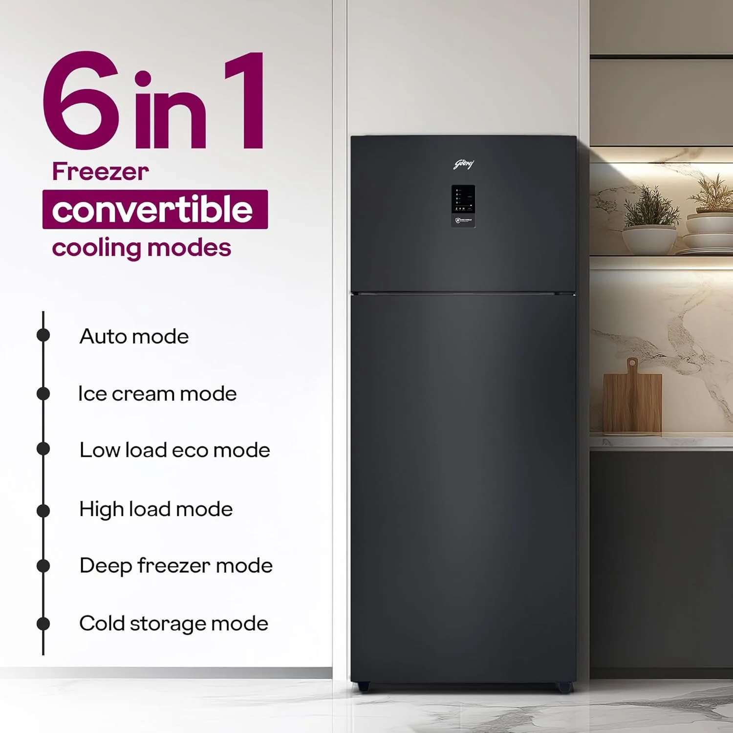 Godrej 472L 2 Star, 1+2 Years Warranty, AI Tech, 6-In-1 Convertible Freezer, 95%+ Food Surface Disinfection, Inverter Frost Free Double Door Refrigerator (RF EON 474B RCI MT BK, Matt Black) - Image 6