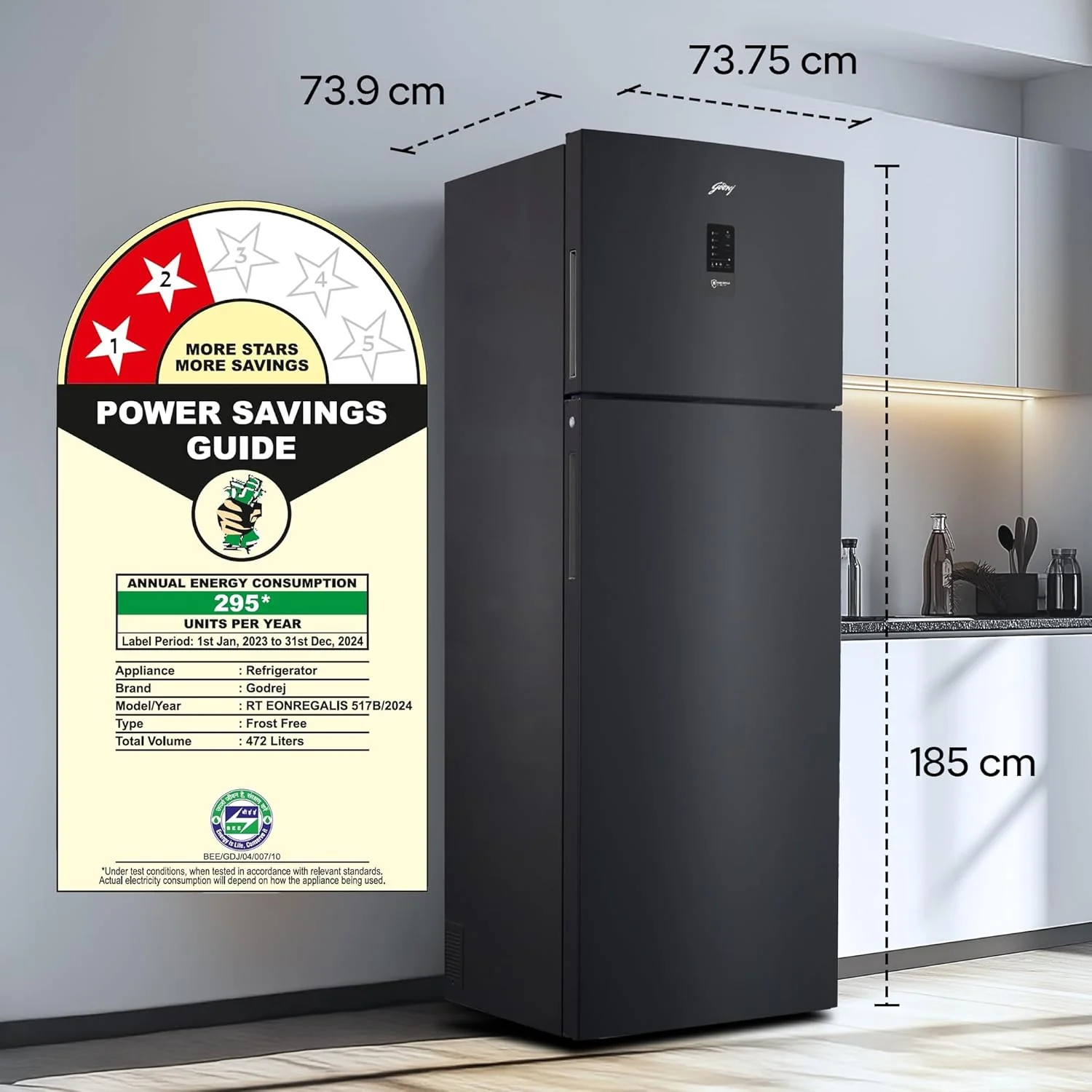 Godrej 472L 2 Star, 1+2 Years Warranty, AI Tech, 6-In-1 Convertible Freezer, 95%+ Food Surface Disinfection, Inverter Frost Free Double Door Refrigerator (RF EON 474B RCI MT BK, Matt Black) - Image 8