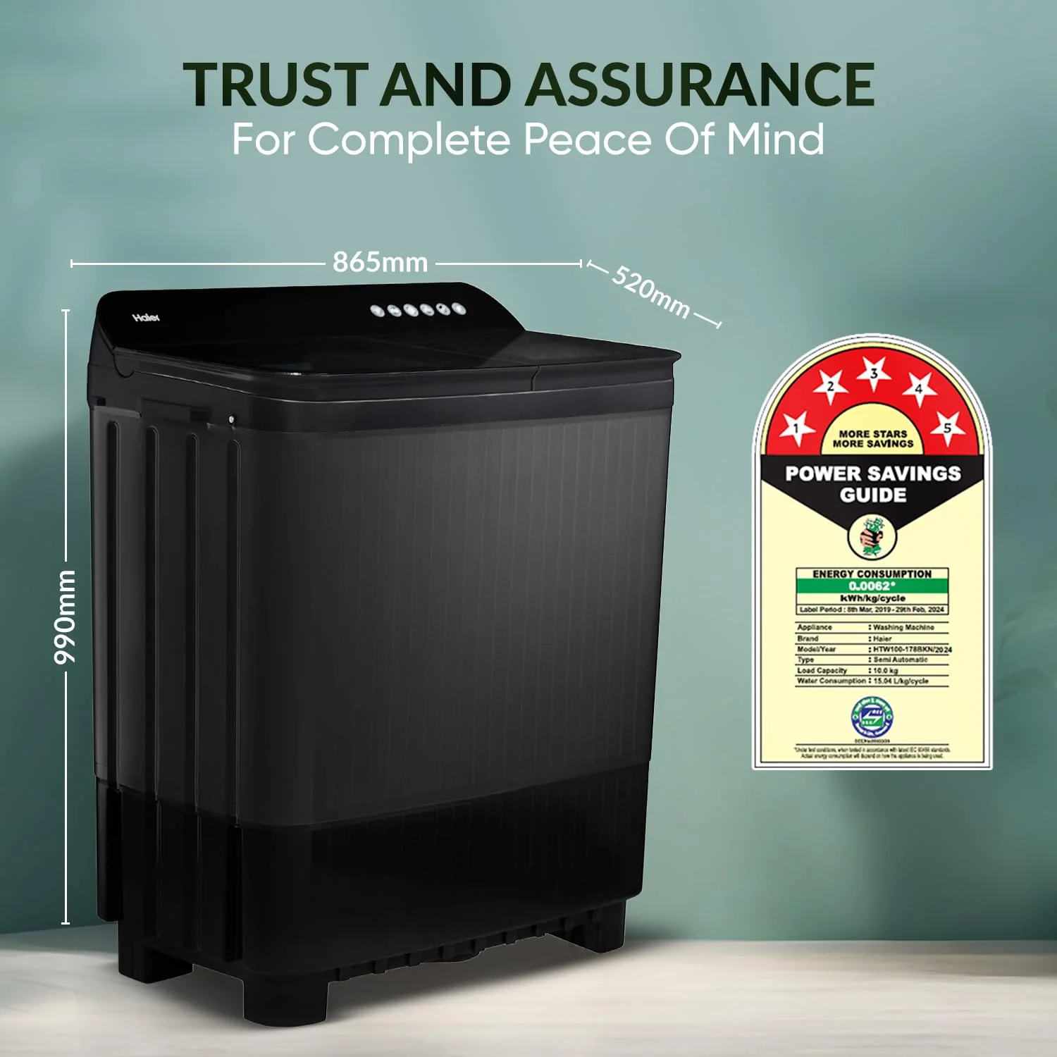 Haier 10 kg 5 Star Toughened Glass & Vortex pulsator Semi Automatic Top Load (HTW100-178BKN,Black) - Image 5