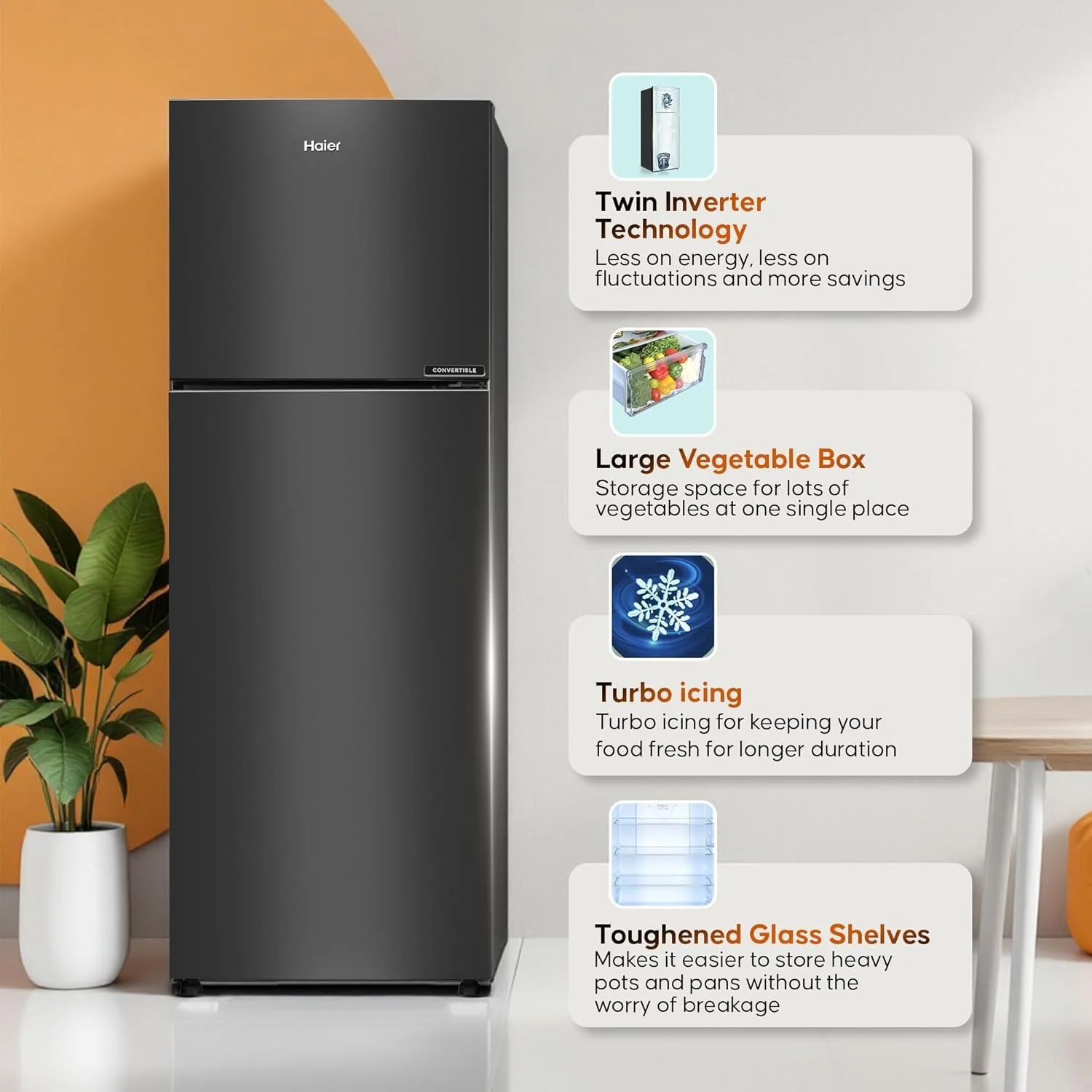 Haier 240L 2 Star Frost Free Top Mount Double Door Refrigerator|5 In 1 Convertible Modes|Twin Inverter|200% Faster Ice Making in 49 Minutes (HRF-2902IBGB-P, GE Black) - Image 2