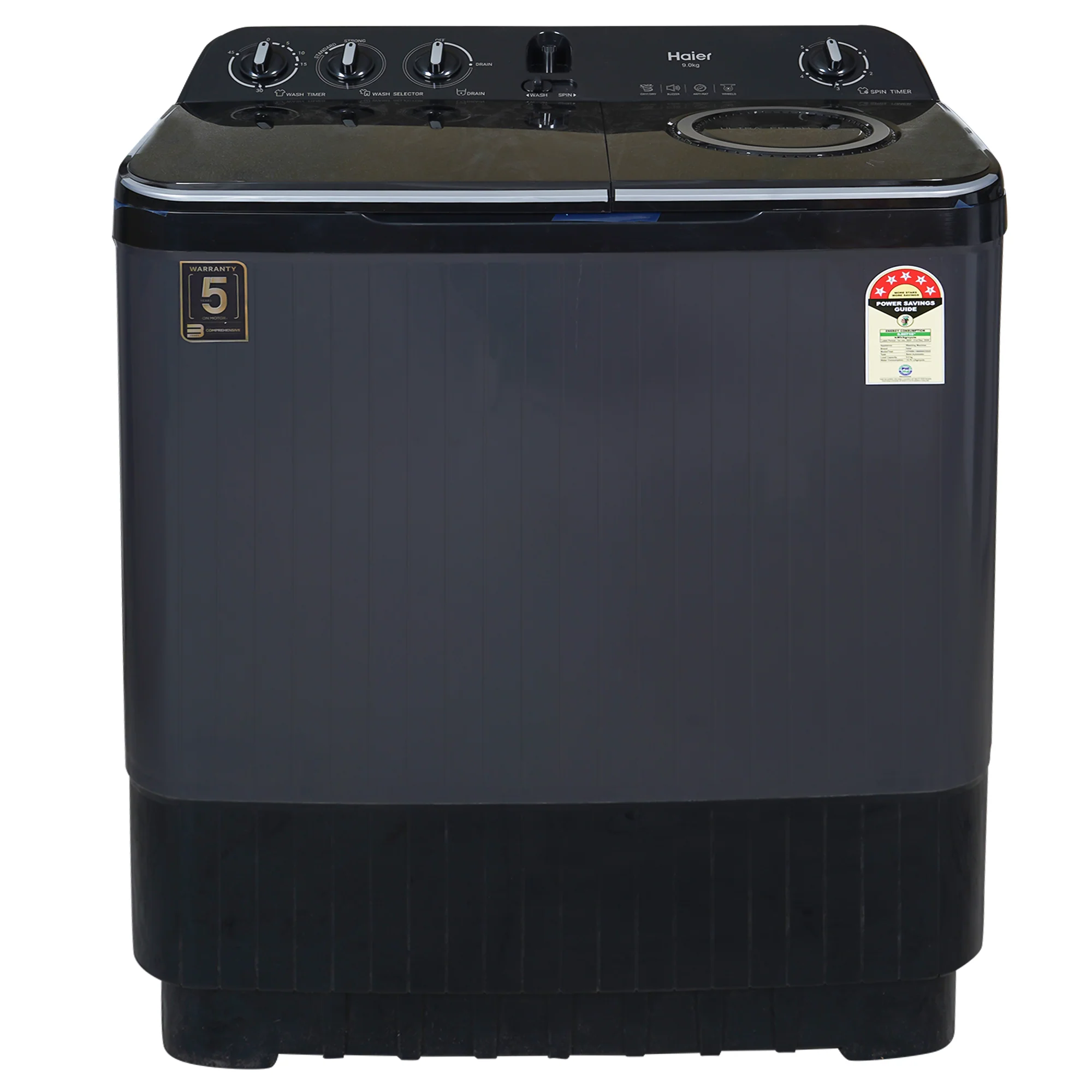 Haier 9 Kg 5 Star Semi Automatic Top Loading Washing Machine (HTW90-196BBK Magic Filter, Rat Mesh, Toughened Glass Top Black)