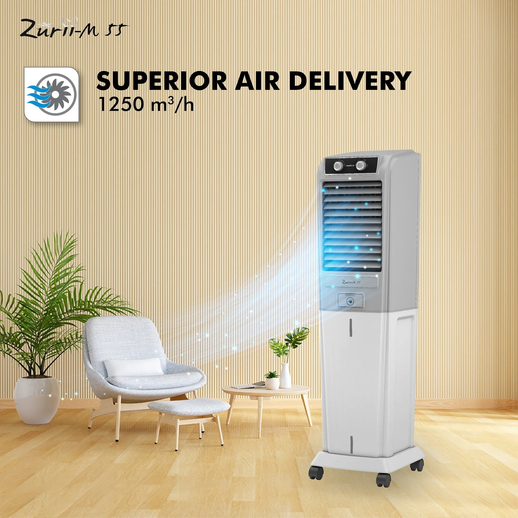 HAVELLS 55 L Tower Air Cooler (Grey - Light Grey, Zurii-M 55) - Image 2