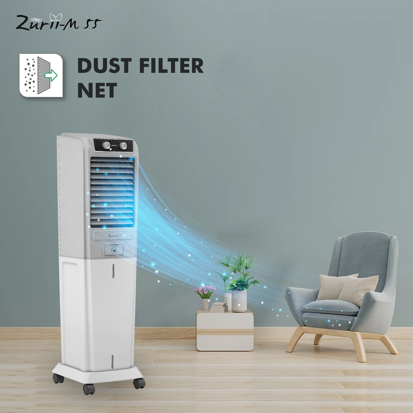 HAVELLS 55 L Tower Air Cooler (Grey - Light Grey, Zurii-M 55) - Image 4