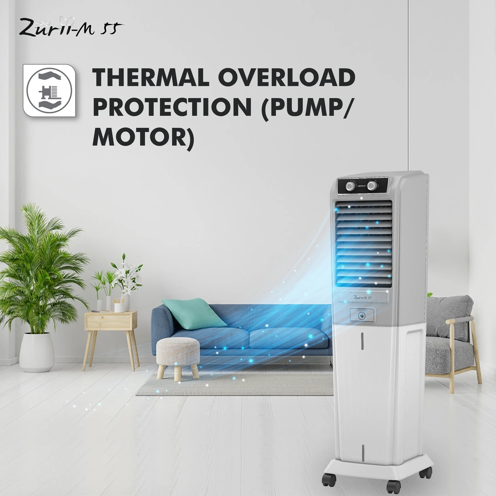 HAVELLS 55 L Tower Air Cooler (Grey - Light Grey, Zurii-M 55) - Image 7