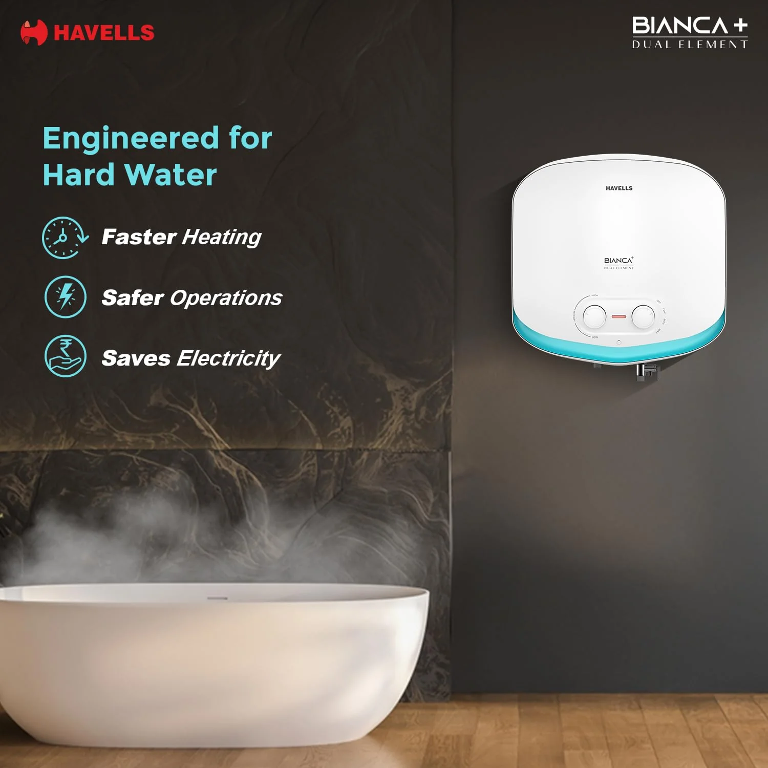Havells Bianca+ 15L 5 Star Water Heater (White Blue) | Dual Element | Fast Heating Geyser - Image 4