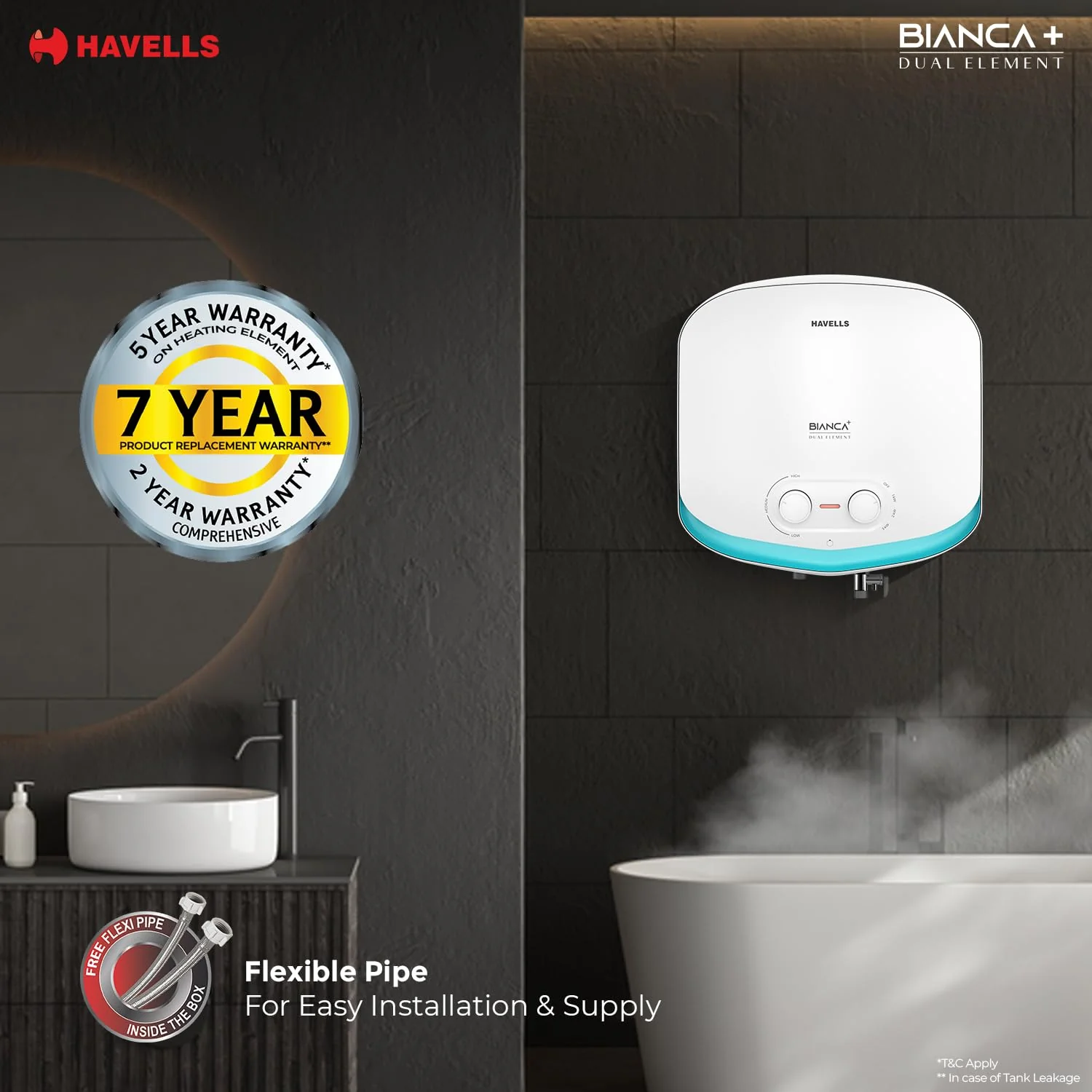 Havells Bianca+ 15L 5 Star Water Heater (White Blue) | Dual Element | Fast Heating Geyser - Image 9