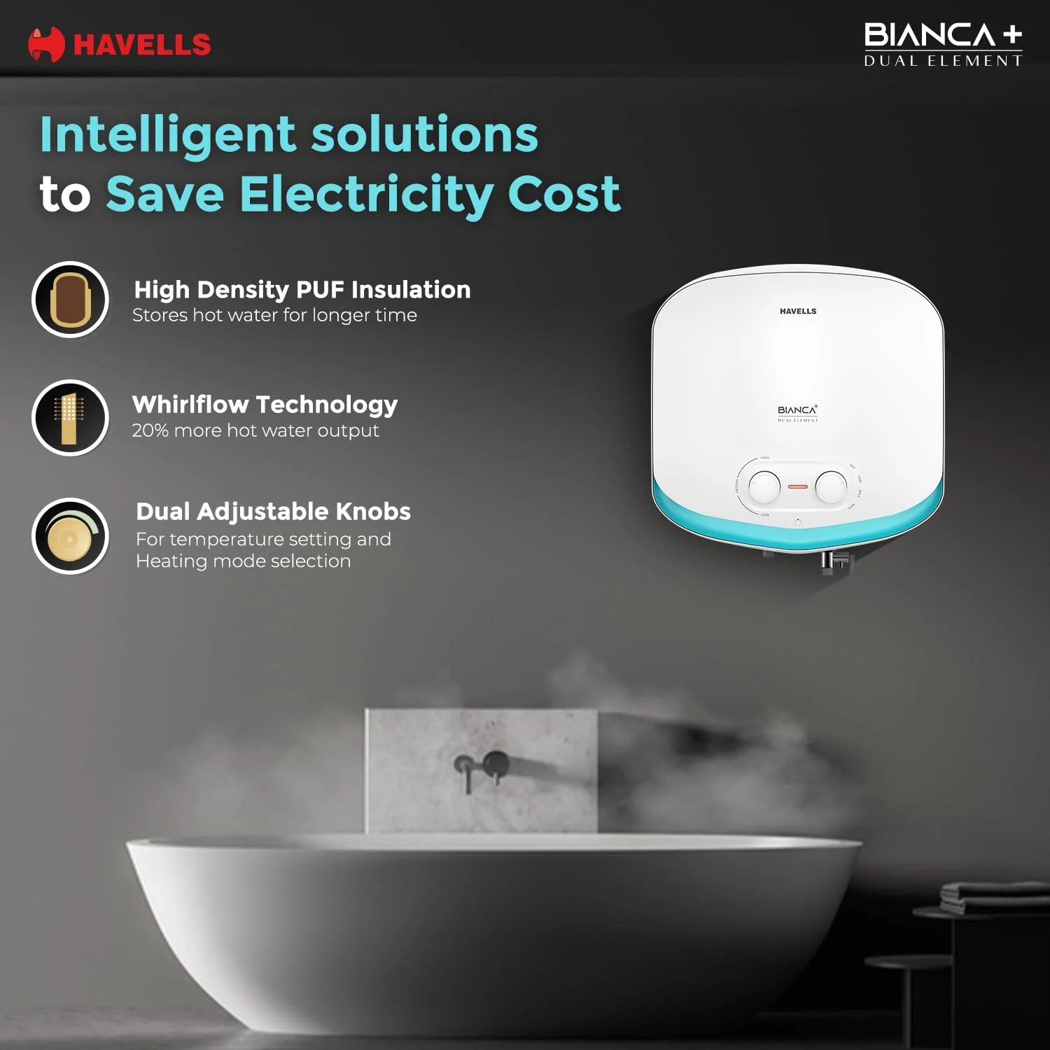 Havells Bianca+ 25L 5 Star Water Heater (White Blue) | Fast Heating | Dual Element - Image 7