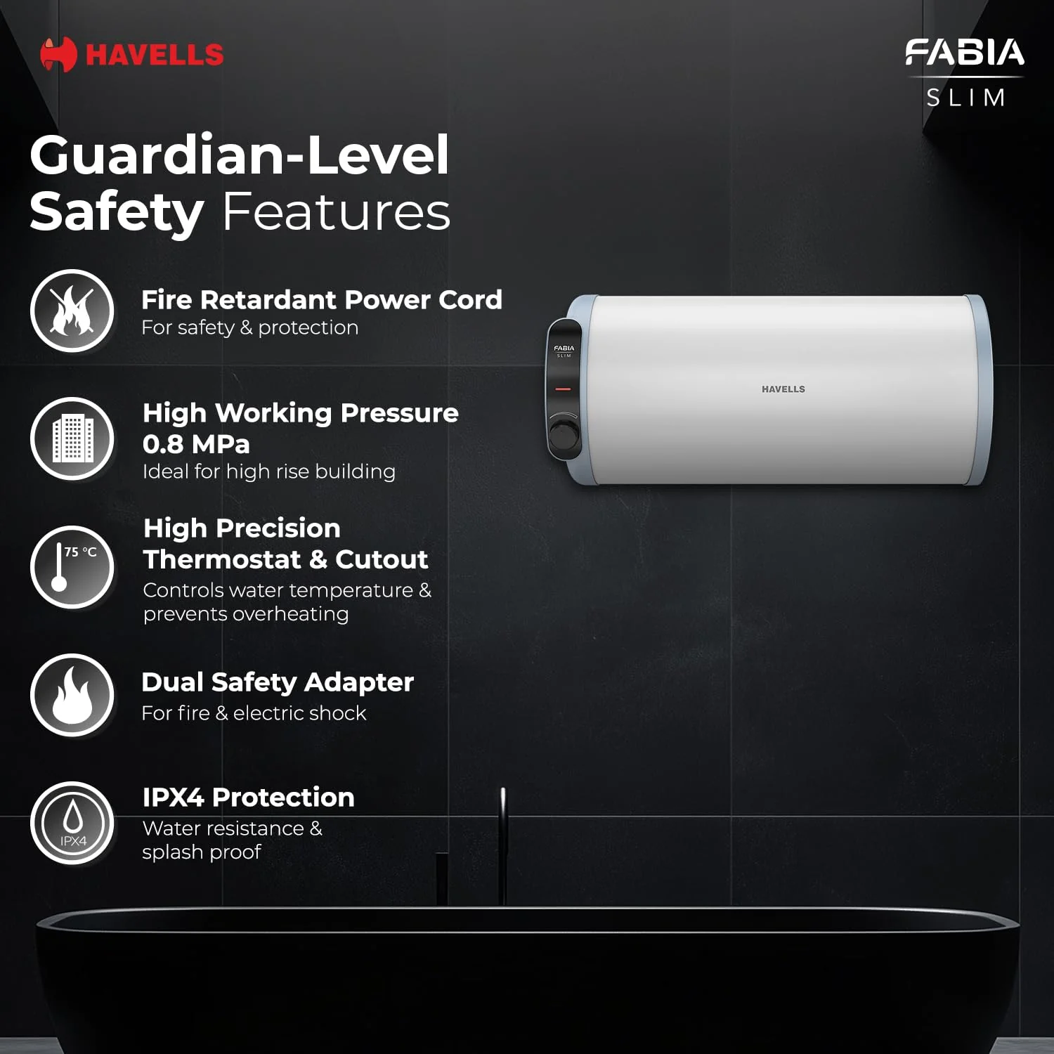 Havells Fabia Slim 15L Horizontal Right Storage Water Heater(Geyser)|Faster Heating|Safer to use|Saves electricity|Anti Rust Tank|Incoloy Element|7 Year Tank Warranty| Free Installation &amp; Flexi Pipes - Image 6