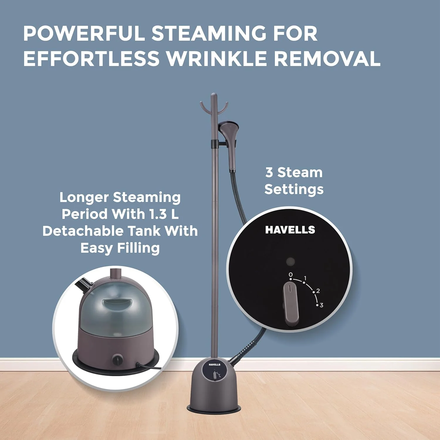 HAVELLS Fyber Standing Garment Steamer for clothes| 1600 Watt | 3 Steam Control | Adjustable Pole Height | Quick Steam Ready | 1.3L Detachable Tank - Image 2