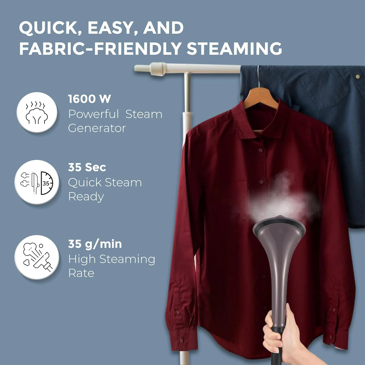 HAVELLS Fyber Standing Garment Steamer for clothes| 1600 Watt | 3 Steam Control | Adjustable Pole Height | Quick Steam Ready | 1.3L Detachable Tank - Image 5