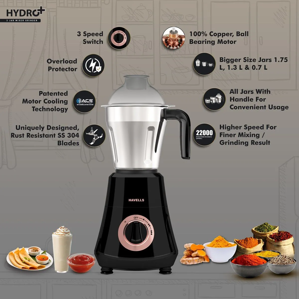 Havells Hydro Plus 1000 Watt Mixer Grinder | 3 Stainless Steel Jars | 22000 RPM Ball Bearing Motor | Hands-Free Operation - Image 3